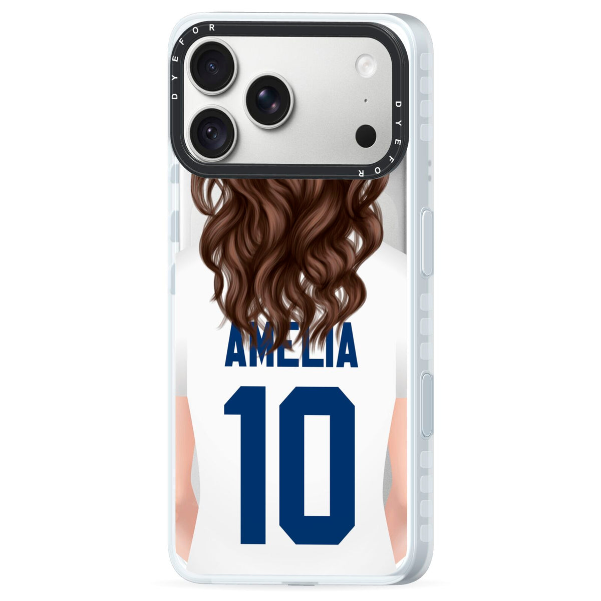 Womens Footballer Personalised iPhone 18 Pro Black Impact Pre order Case Side Angle on Silver phone