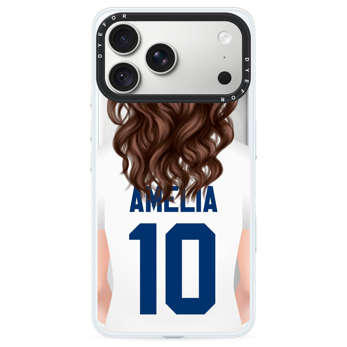Womens Footballer Personalised iPhone 18 Pro Max Black Impact Pre order Case on Silver phone
