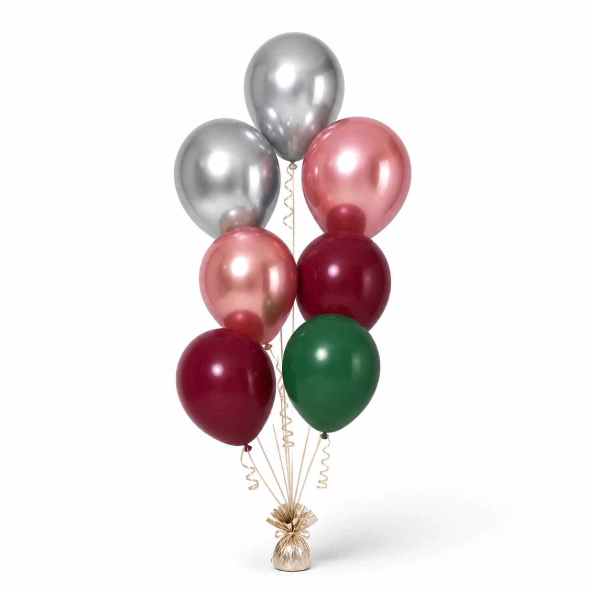 Silver, Rose Gold, Merlot & Forest Green Balloon Bunch - photorealistic coordinated seven-balloon bunch