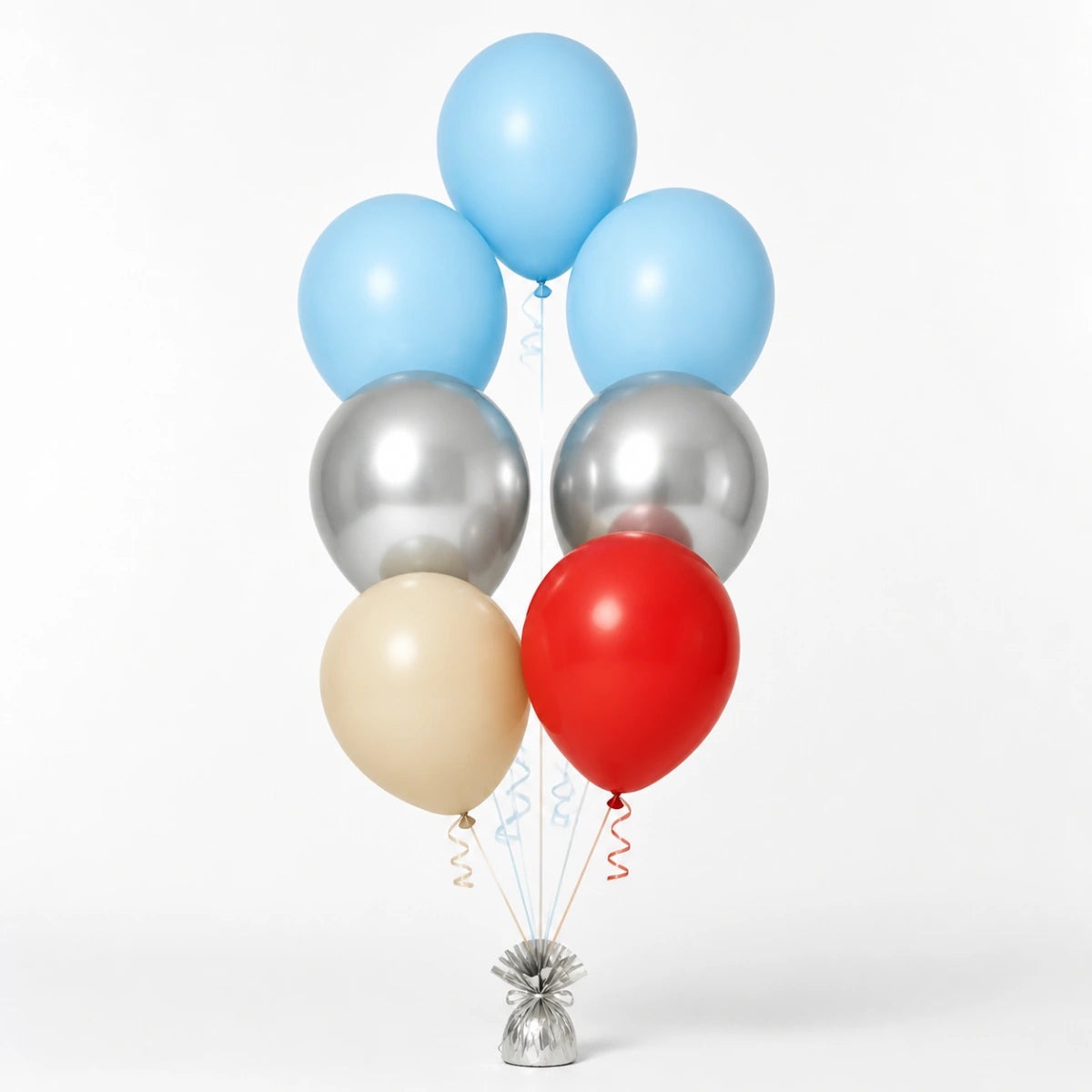 Pastel Blue, Silver, Warm Sand & Red Balloon Bunch - photorealistic coordinated seven-balloon bunch