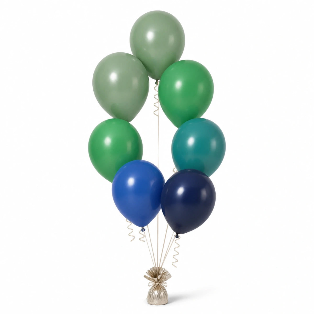 Eucalyptus, Shamrock Green, Deep Teal, Royal Blue & Navy Balloon Bunch - photorealistic coordinated seven-balloon bunch
