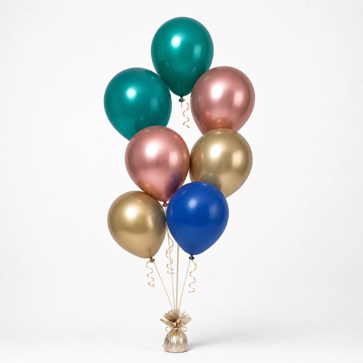 Deep Teal, Rose Gold, Champagne & Royal Blue Balloon Bunch - photorealistic coordinated seven-balloon bunch