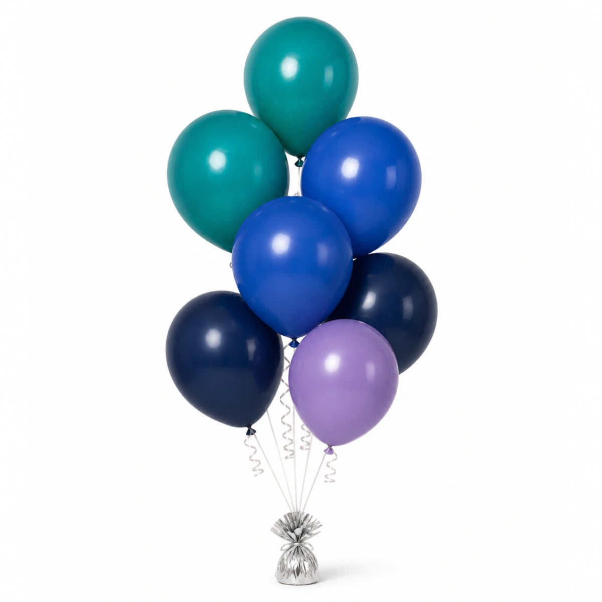 Deep Teal, Royal Blue, Navy & Lavender Balloon Bunch - photorealistic coordinated seven-balloon bunch