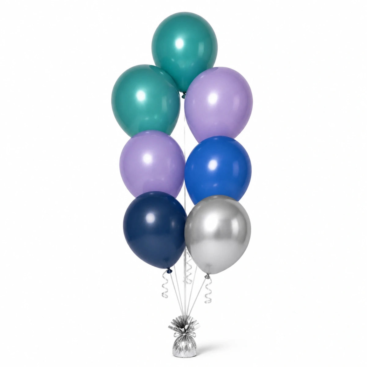 Deep Teal, Lavender, Royal Blue, Navy & Silver Balloon Bunch - photorealistic coordinated seven-balloon bunch