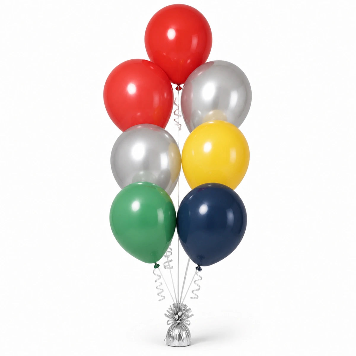 Red, Silver, Yellow, Shamrock Green & Navy Balloon Bunch - photorealistic coordinated seven-balloon bunch
