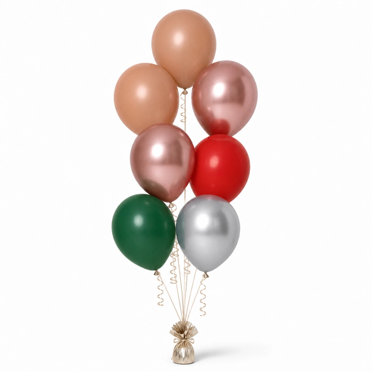 Nude, Rose Gold, Red, Forest Green & Silver Balloon Bunch - photorealistic coordinated seven-balloon bunch