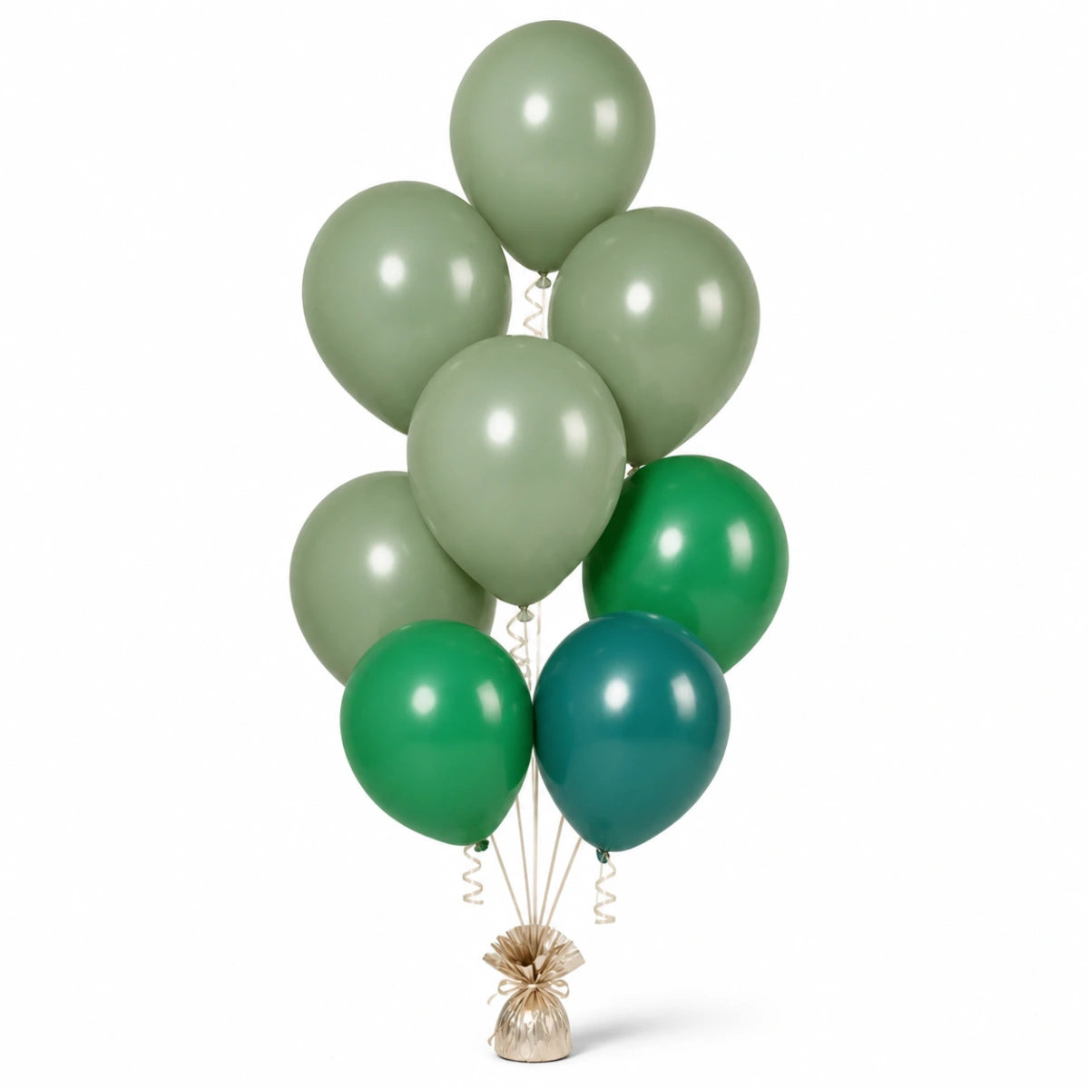 Eucalyptus, Shamrock Green & Deep Teal Balloon Bunch - photorealistic coordinated seven-balloon bunch