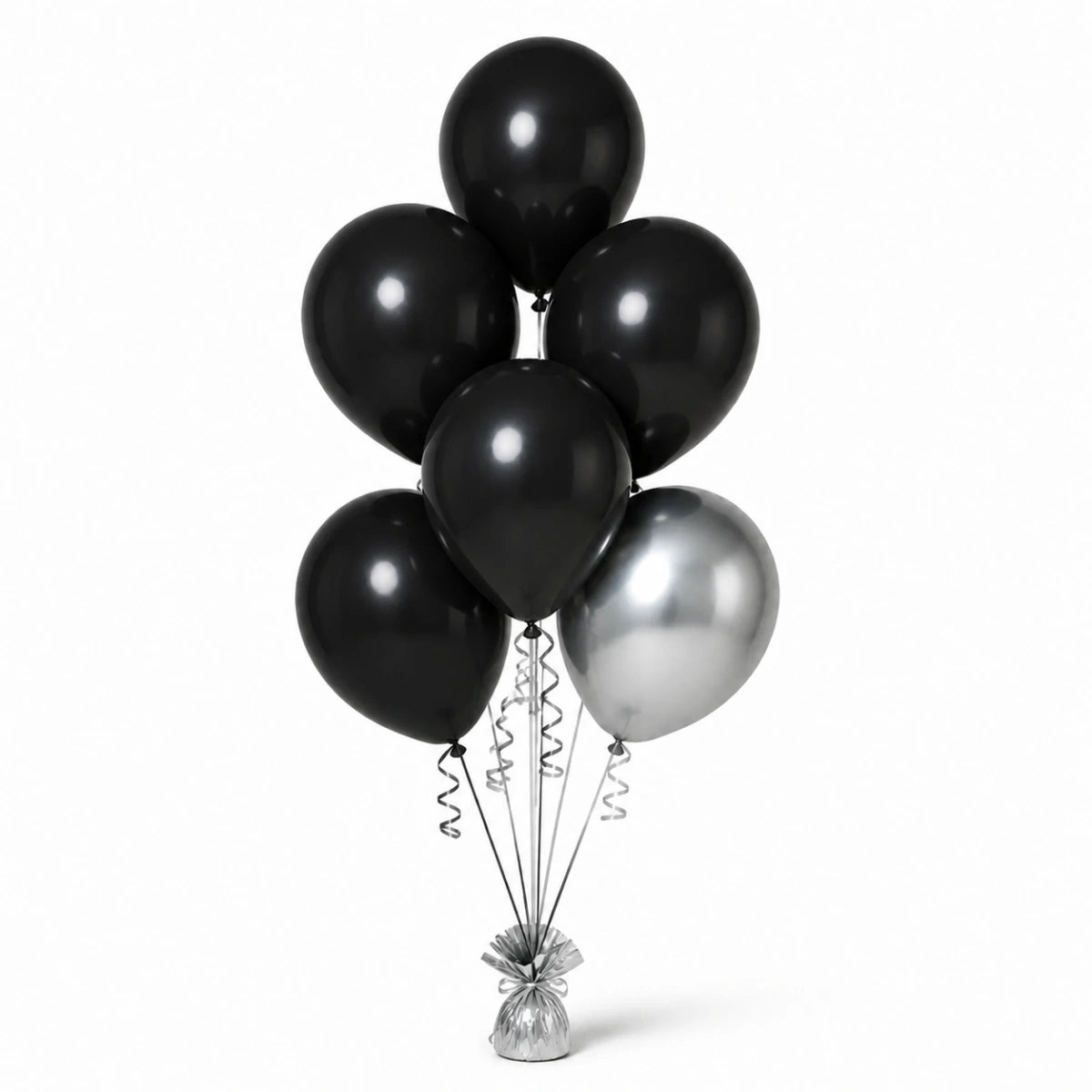 Black & Silver Balloon Bunch (6/1 mix) - photorealistic coordinated seven-balloon bunch