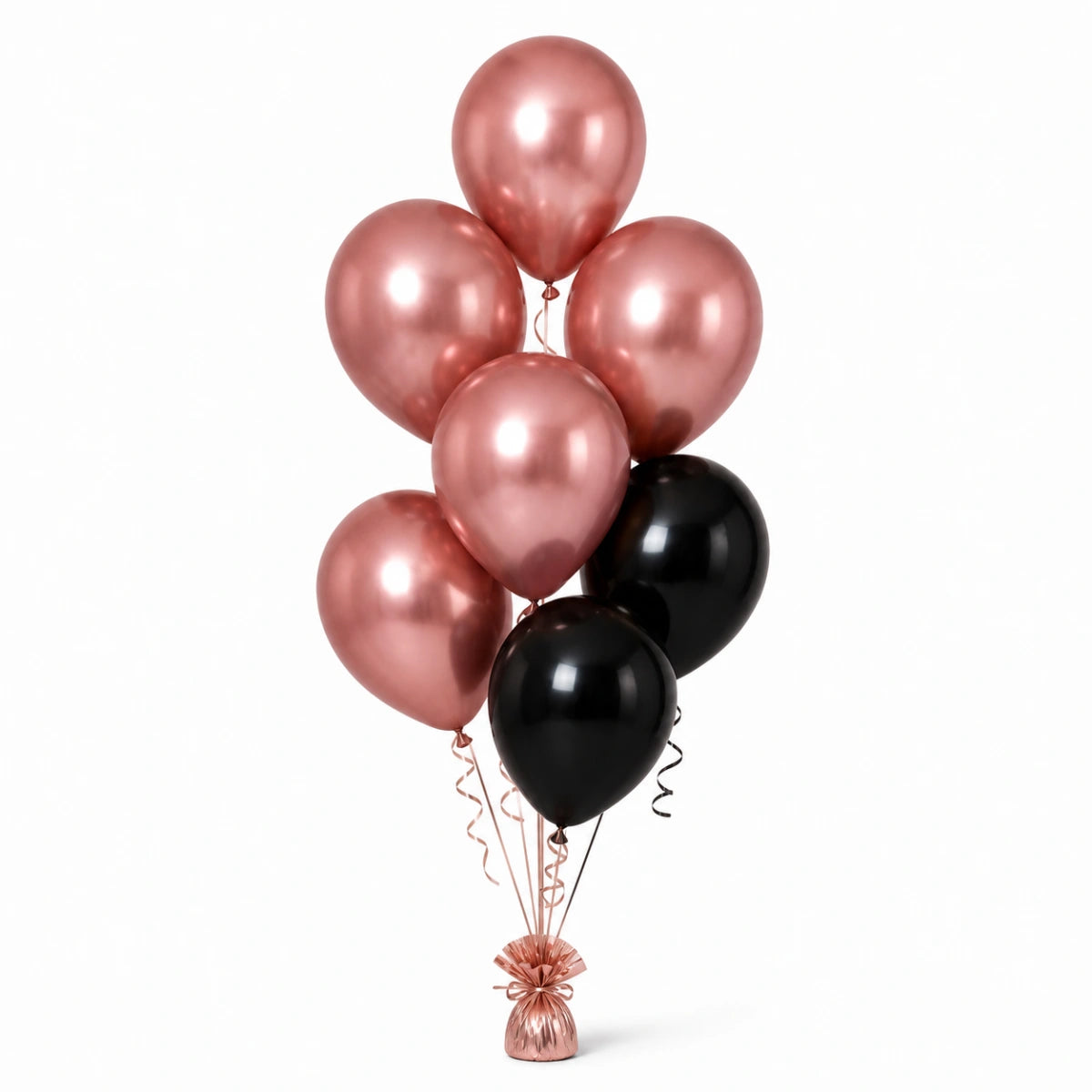 Rose Gold & Black Balloon Bunch (4/3 mix) - photorealistic coordinated seven-balloon bunch