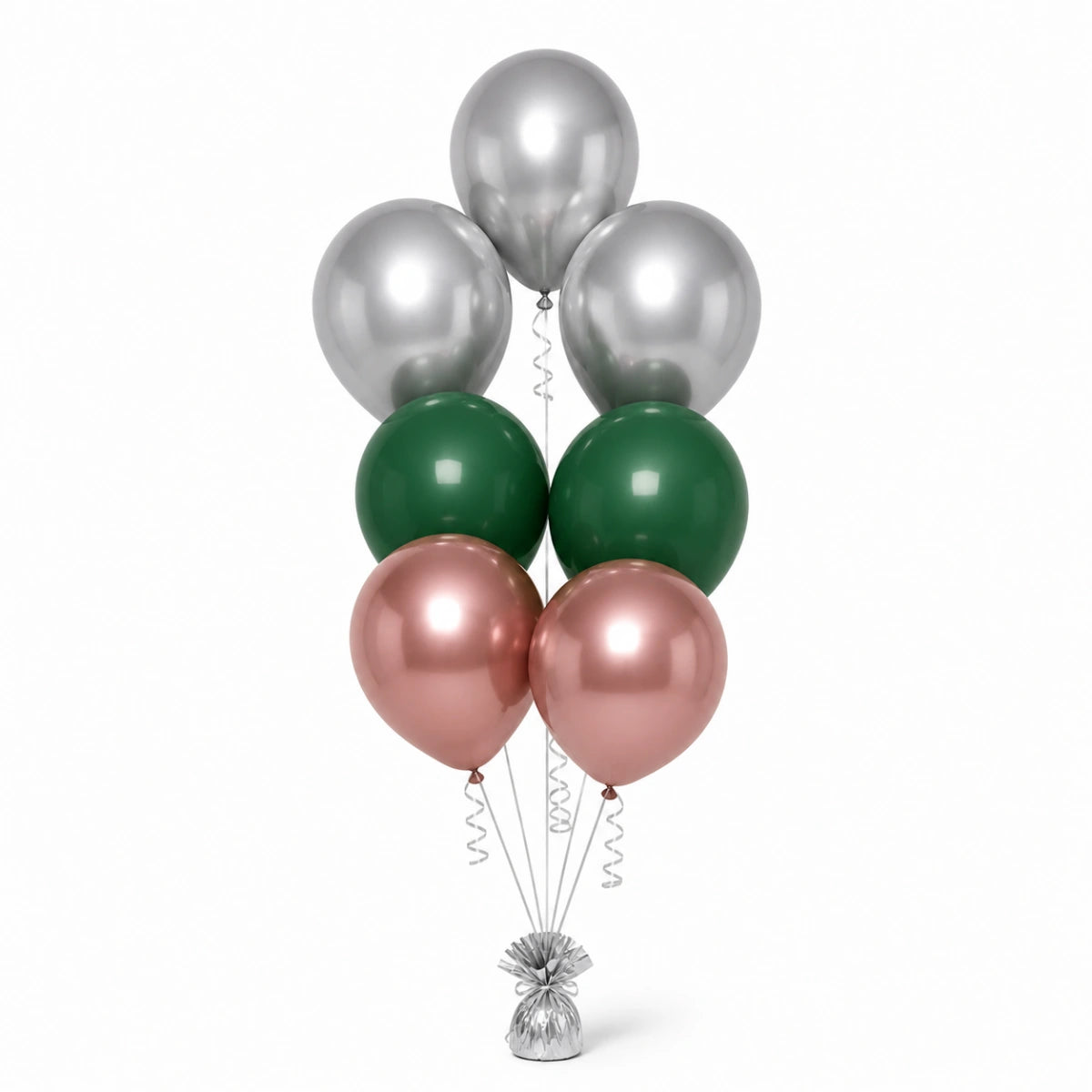 Silver, Forest Green & Rose Gold Balloon Bunch - photorealistic coordinated seven-balloon bunch