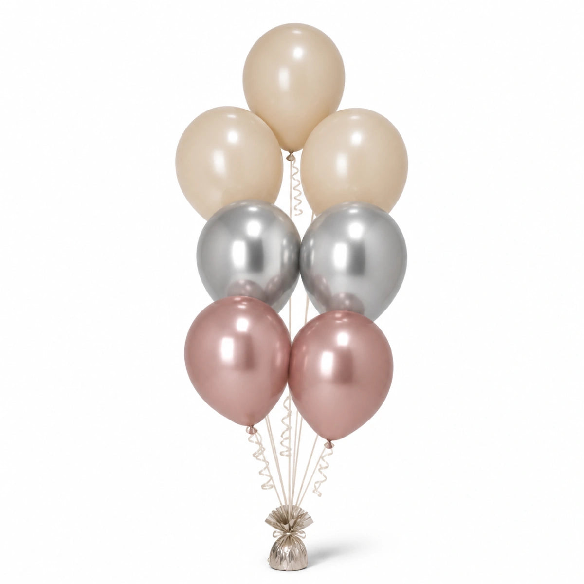 Warm Sand, Silver & Rose Gold Balloon Bunch - photorealistic coordinated seven-balloon bunch