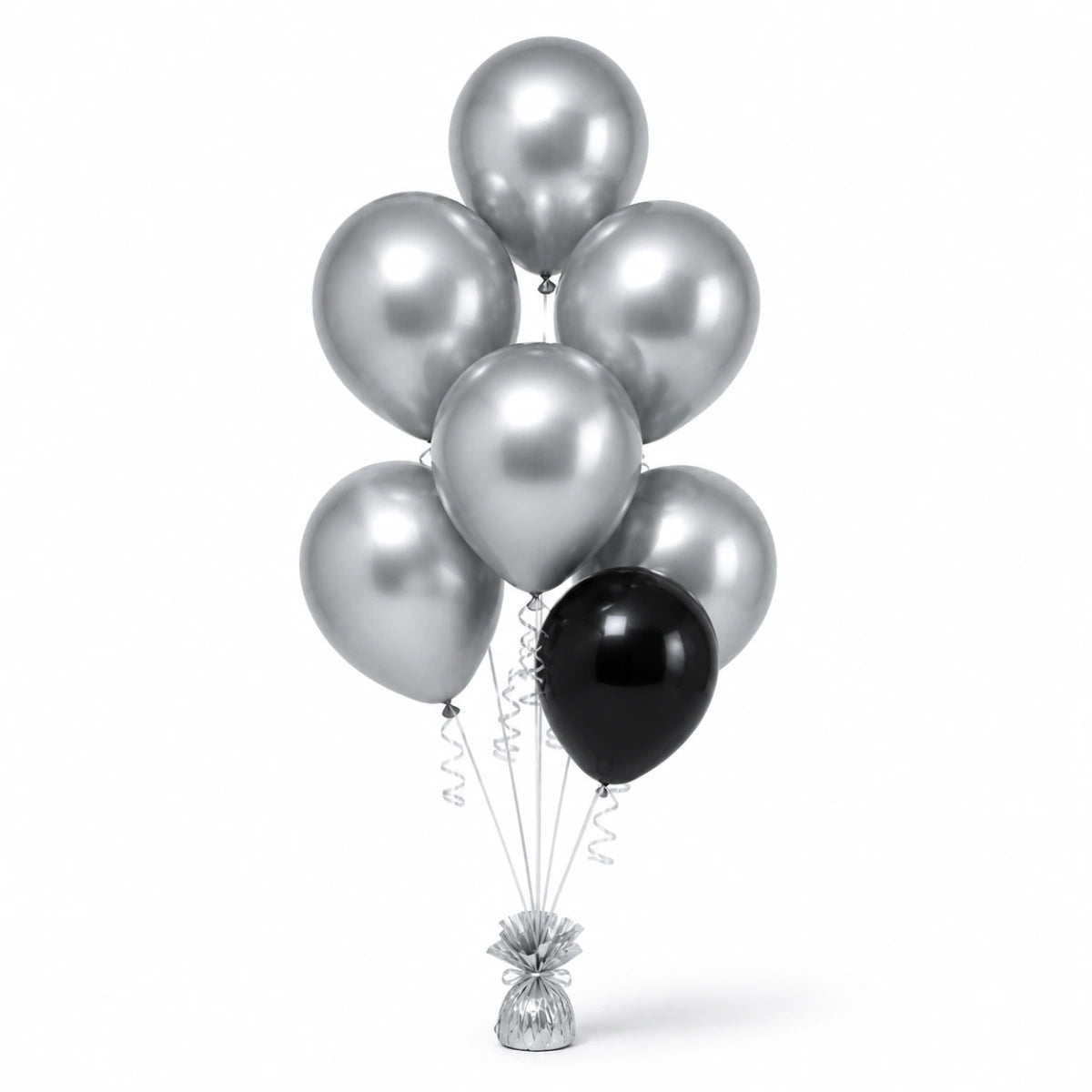 Silver & Black Balloon Bunch (6/1 mix) - photorealistic coordinated seven-balloon bunch