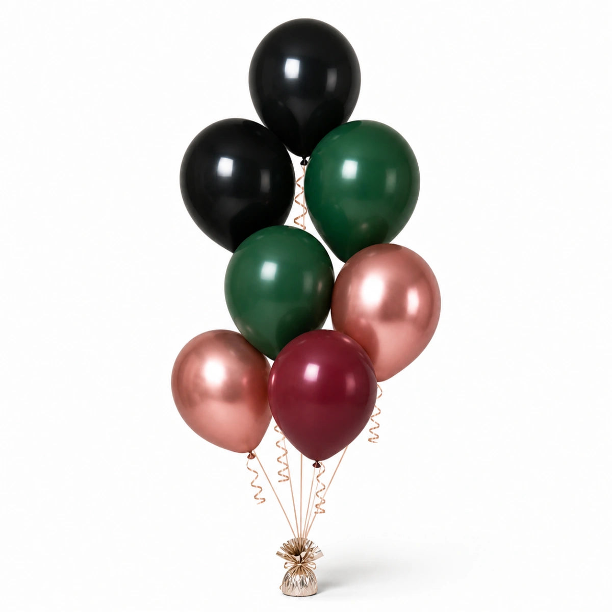 Black, Forest Green, Rose Gold & Merlot Balloon Bunch - photorealistic coordinated seven-balloon bunch
