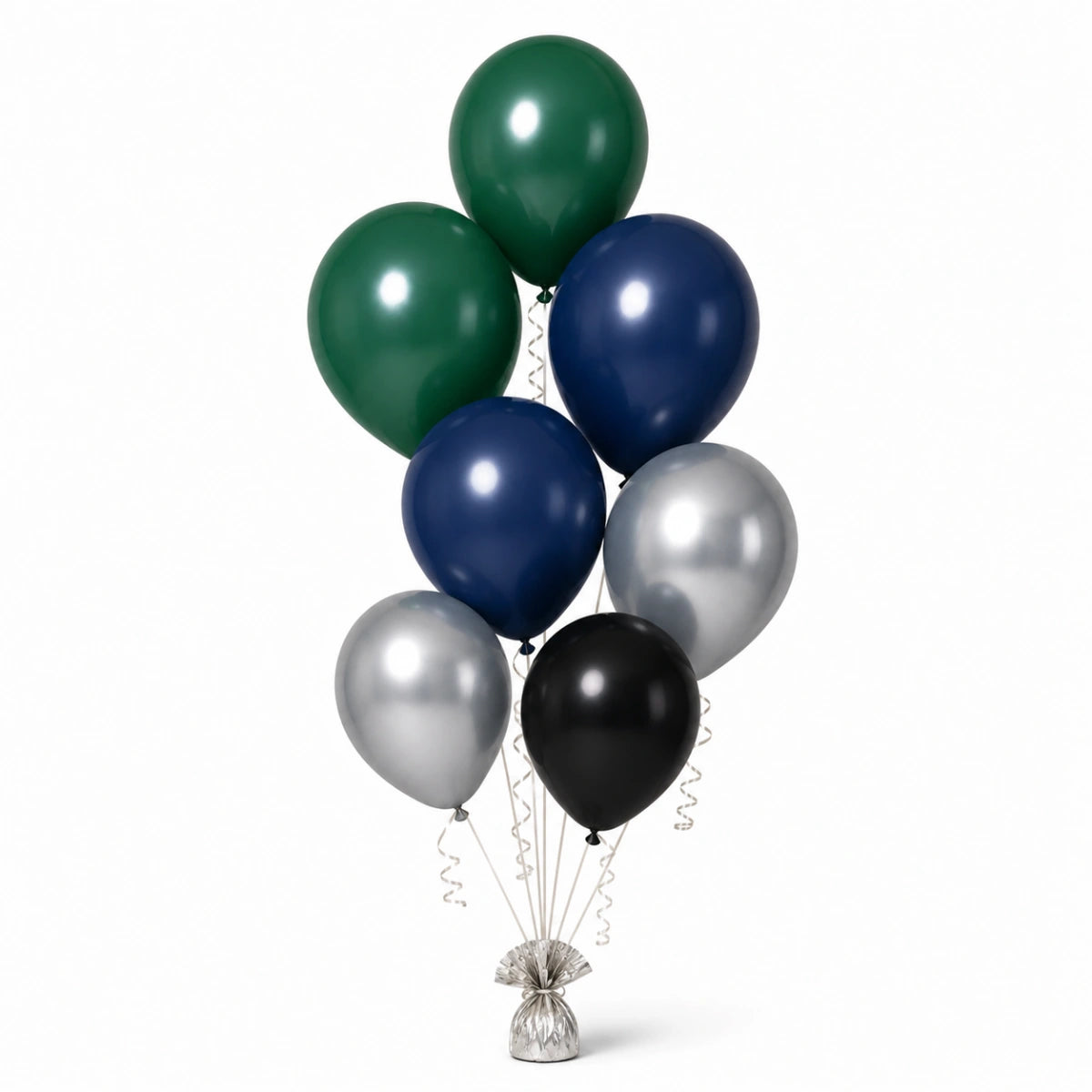 Forest Green, Navy, Silver & Black Balloon Bunch - photorealistic coordinated seven-balloon bunch