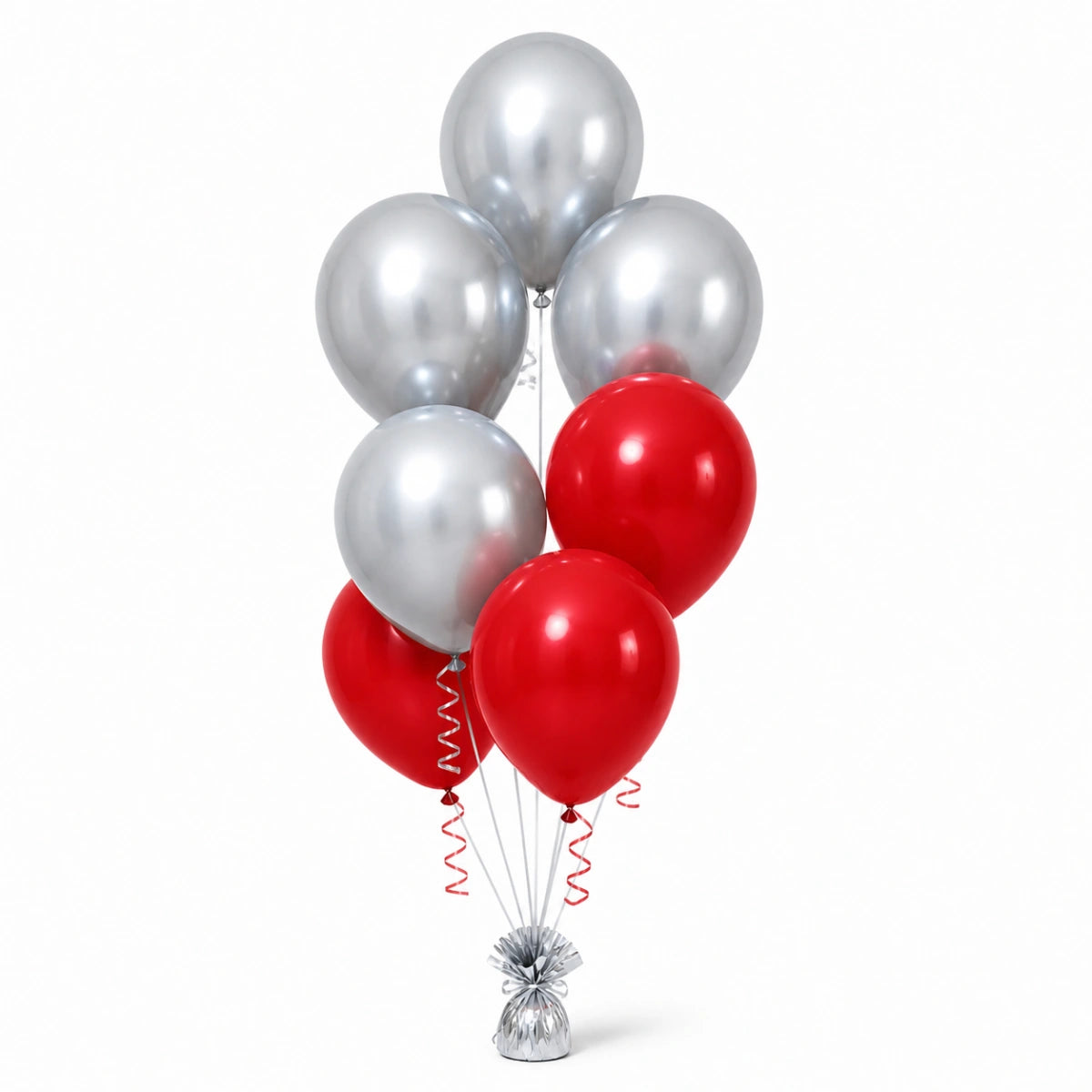 Silver & Red Balloon Bunch (4/3 mix) - photorealistic coordinated seven-balloon bunch