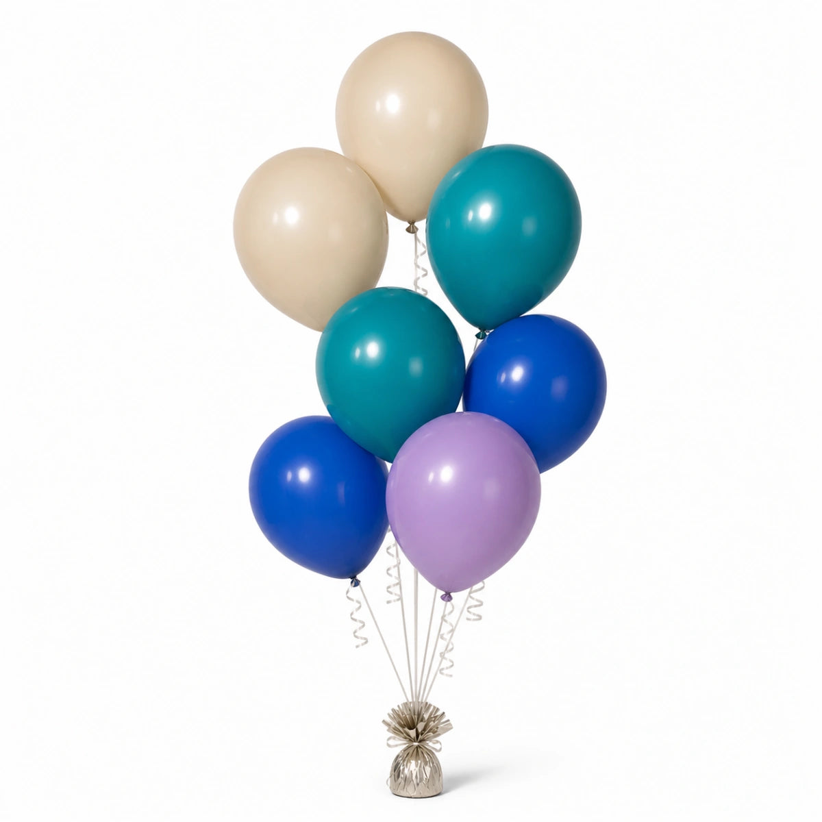 Warm Sand, Deep Teal, Royal Blue & Lavender Balloon Bunch - photorealistic coordinated seven-balloon bunch