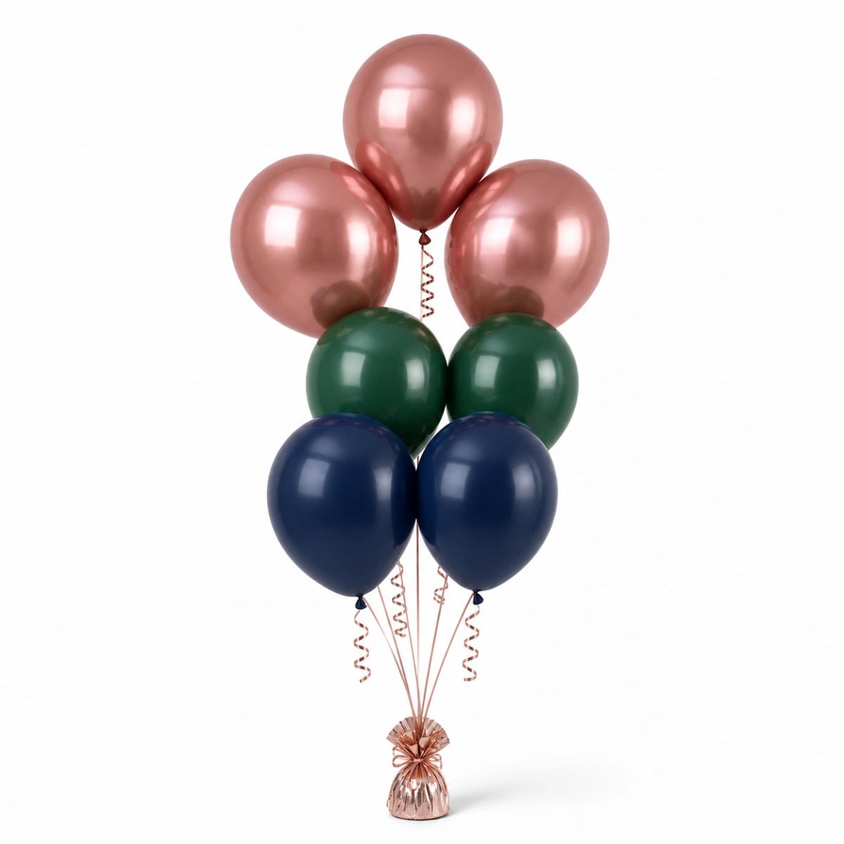 Rose Gold, Forest Green & Navy Balloon Bunch - photorealistic coordinated seven-balloon bunch