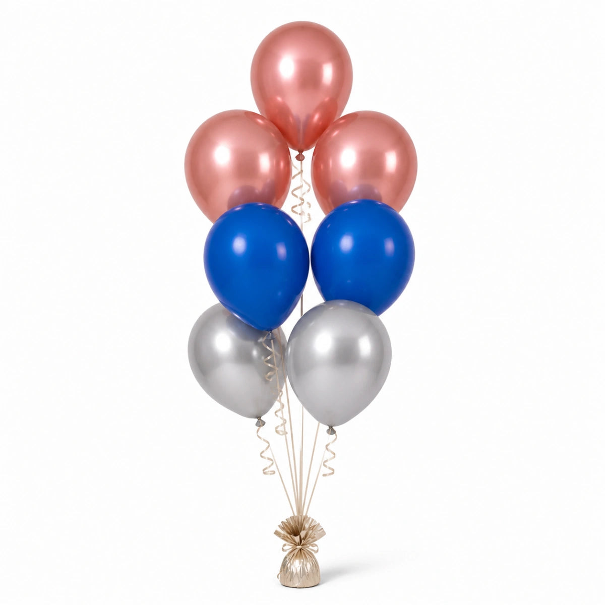Rose Gold, Royal Blue & Silver Balloon Bunch - photorealistic coordinated seven-balloon bunch