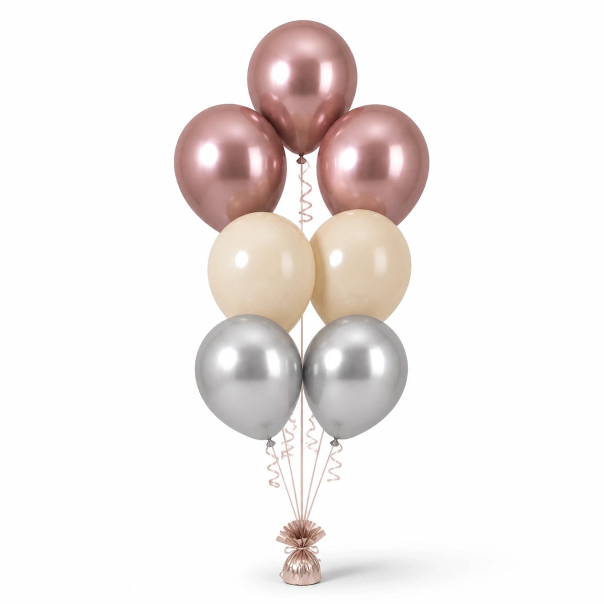 Rose Gold, Warm Sand & Silver Balloon Bunch - photorealistic coordinated seven-balloon bunch