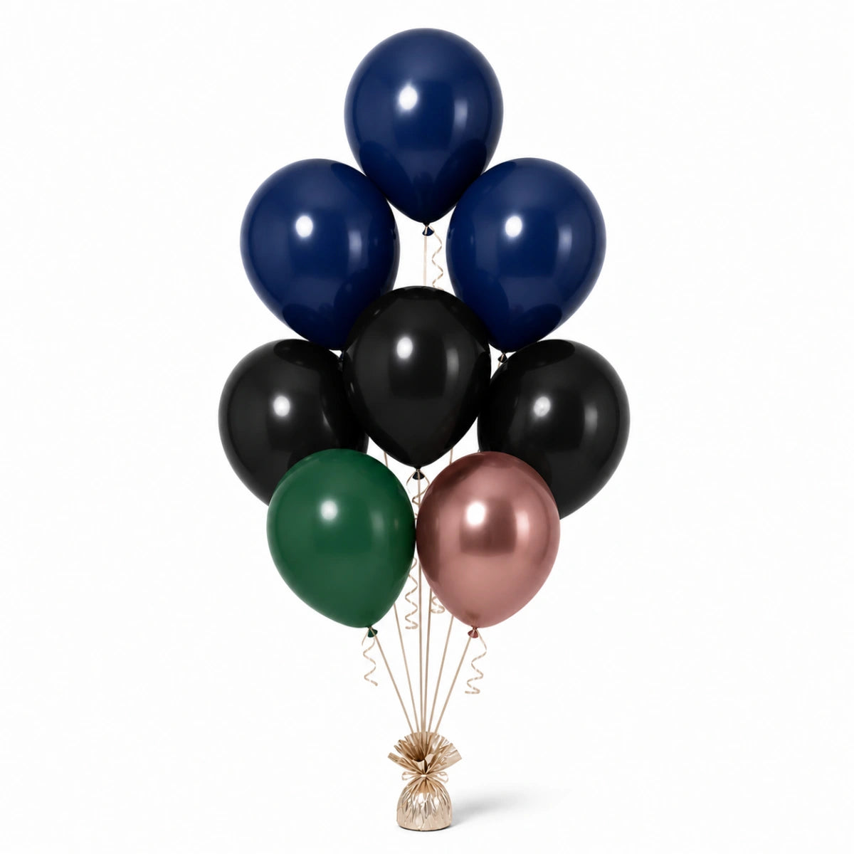 Navy, Black, Forest Green & Rose Gold Balloon Bunch - photorealistic coordinated seven-balloon bunch