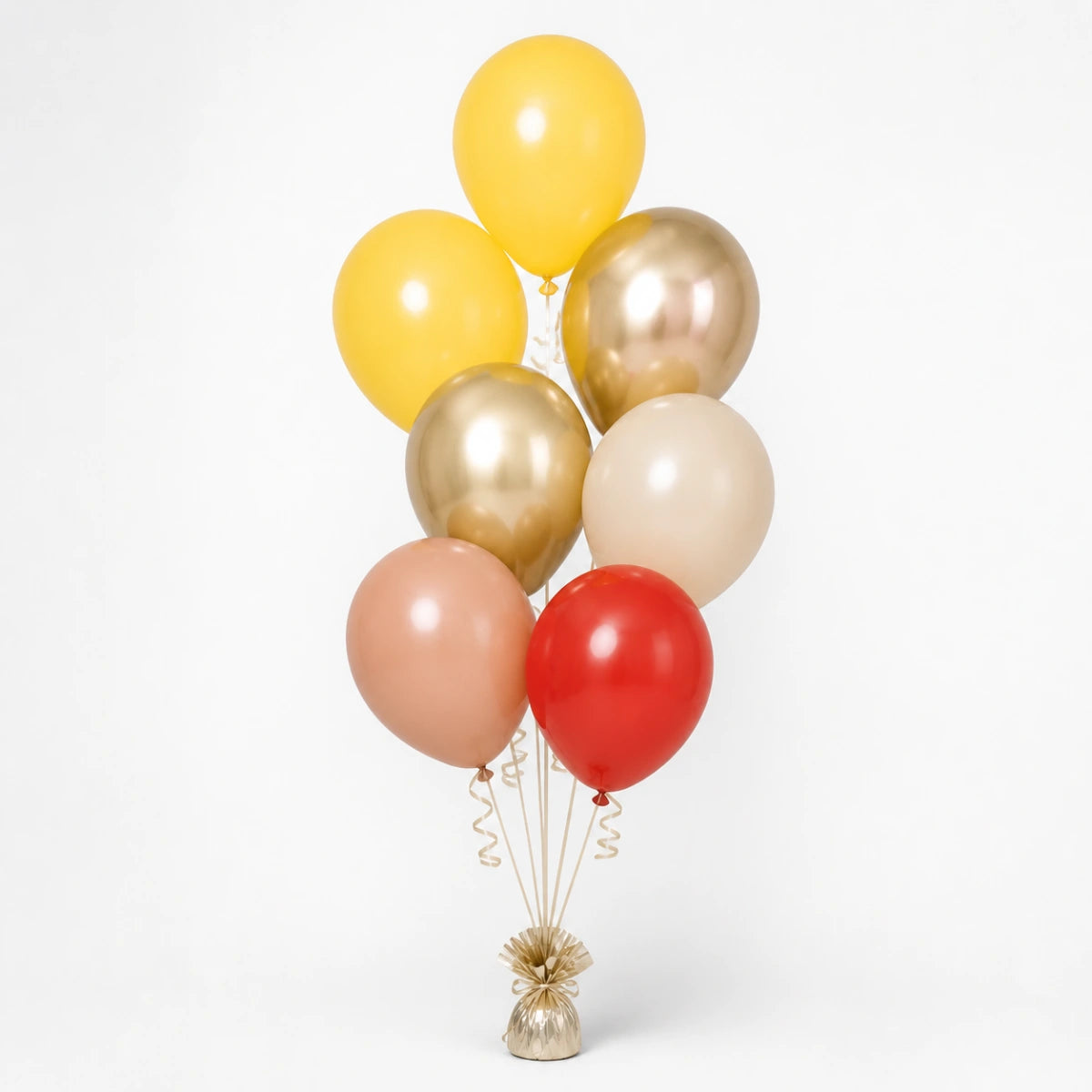Yellow, Champagne, Warm Sand, Nude & Red Balloon Bunch - photorealistic coordinated seven-balloon bunch