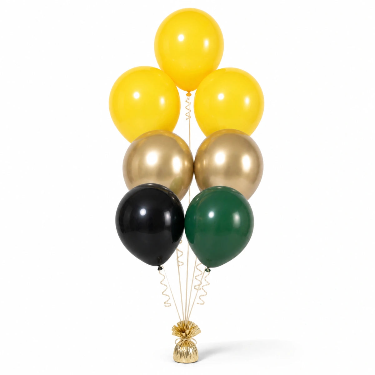 Yellow, Champagne, Black & Forest Green Balloon Bunch - photorealistic coordinated seven-balloon bunch