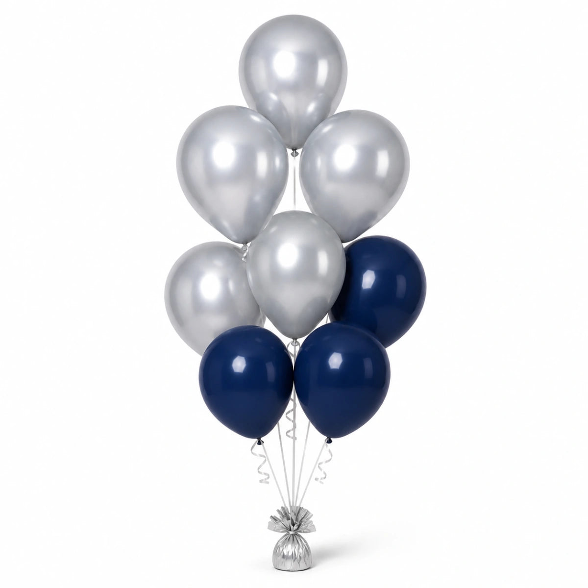 Silver & Navy Balloon Bunch (4/3 mix) - photorealistic coordinated seven-balloon bunch