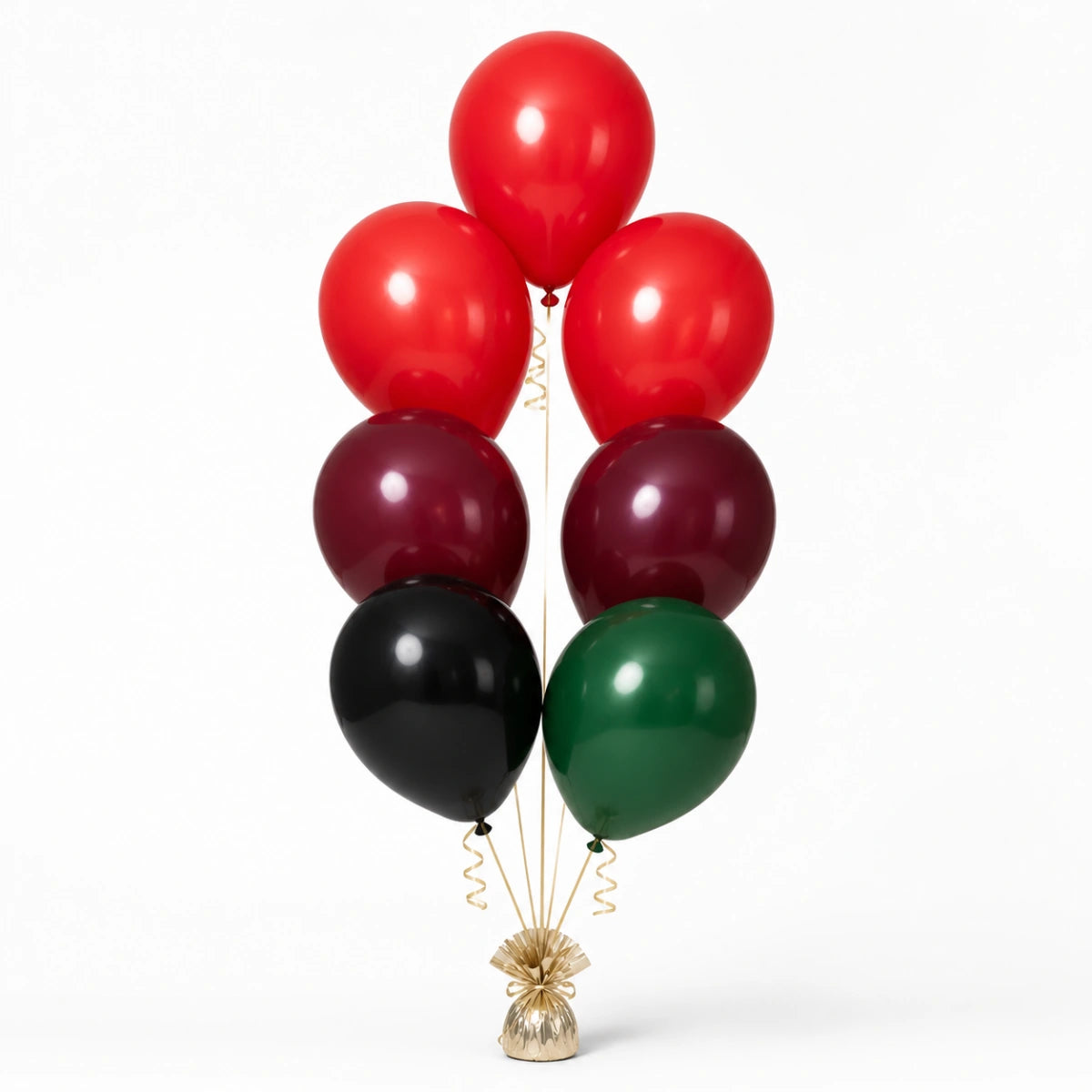 Red, Merlot, Black & Forest Green Balloon Bunch - photorealistic coordinated seven-balloon bunch