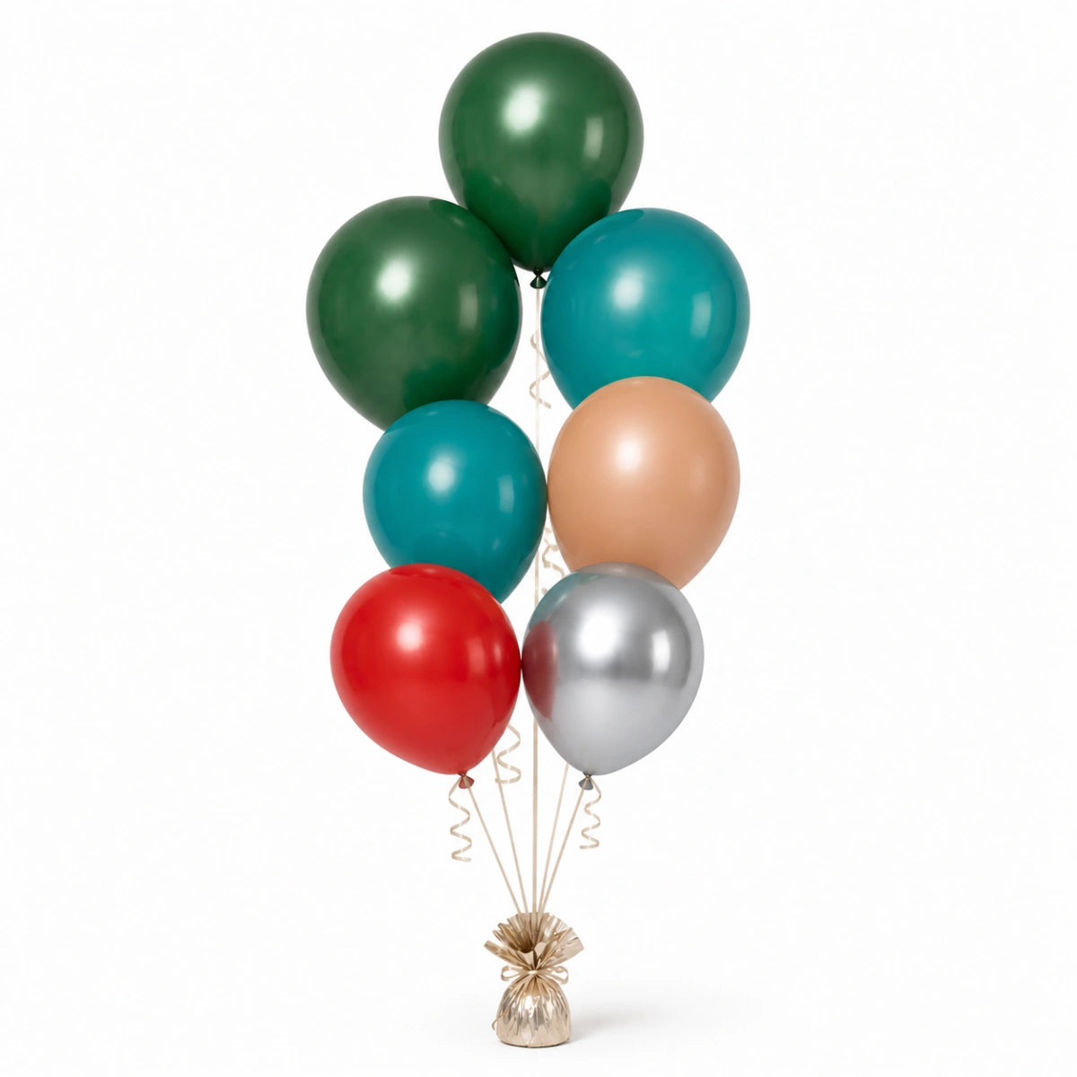 Forest Green, Deep Teal, Nude, Red & Silver Balloon Bunch - photorealistic coordinated seven-balloon bunch