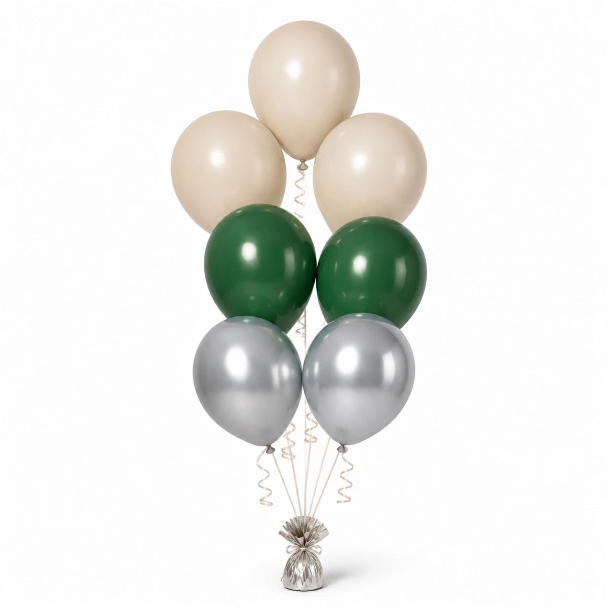 Warm Sand, Forest Green & Silver Balloon Bunch - photorealistic coordinated seven-balloon bunch