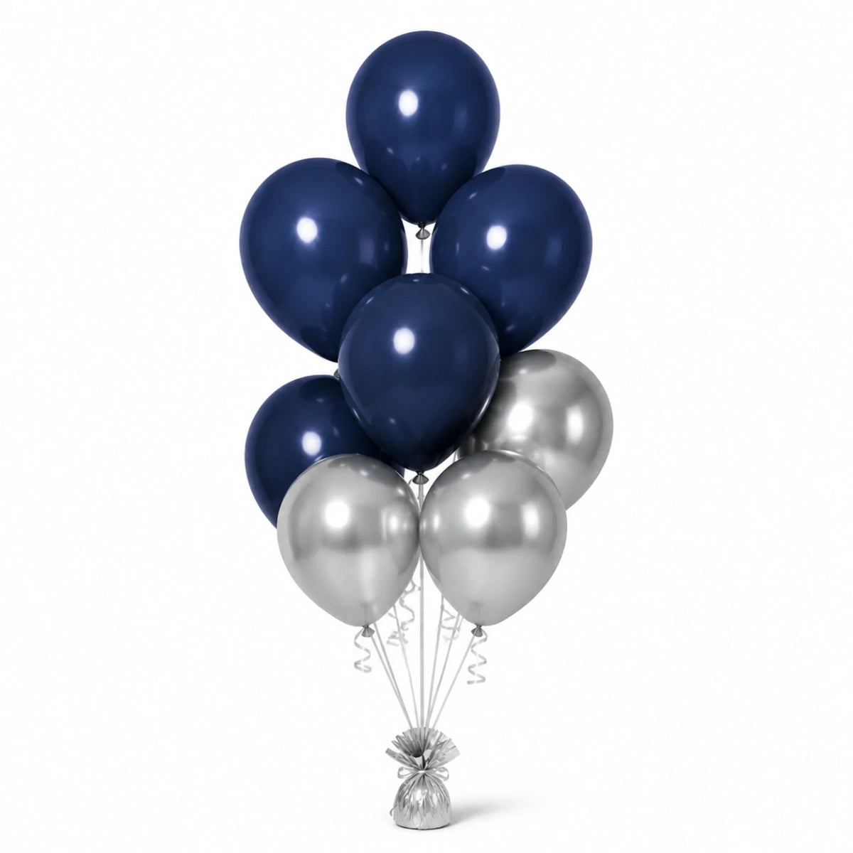Navy & Silver Balloon Bunch (4/3 mix) - photorealistic coordinated seven-balloon bunch
