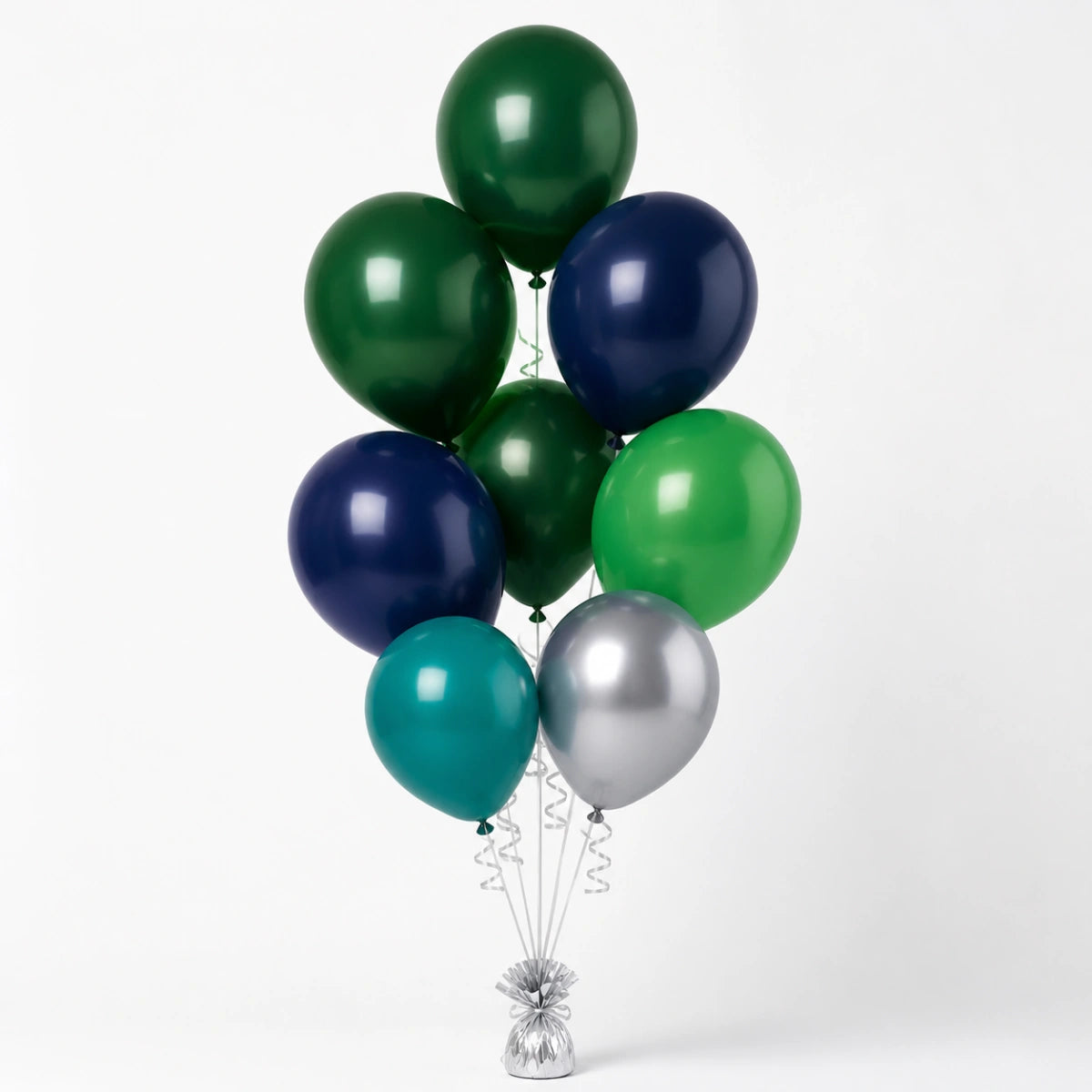 Forest Green, Navy, Shamrock Green, Deep Teal & Silver Balloon Bunch - photorealistic coordinated seven-balloon bunch