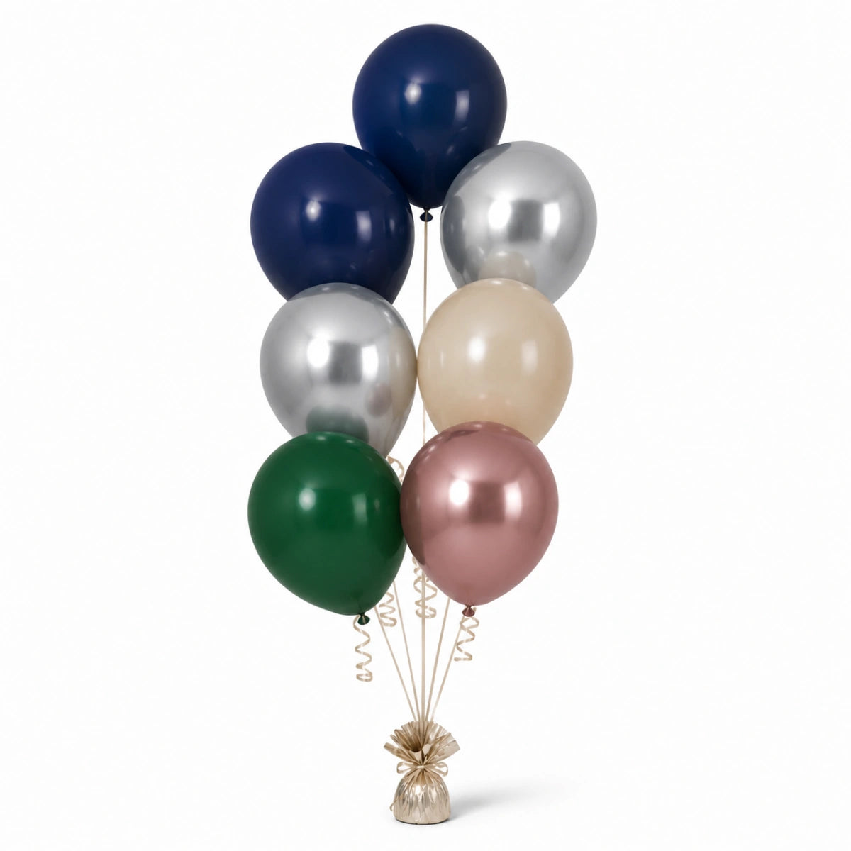Navy, Silver, Warm Sand, Forest Green & Rose Gold Balloon Bunch - photorealistic coordinated seven-balloon bunch