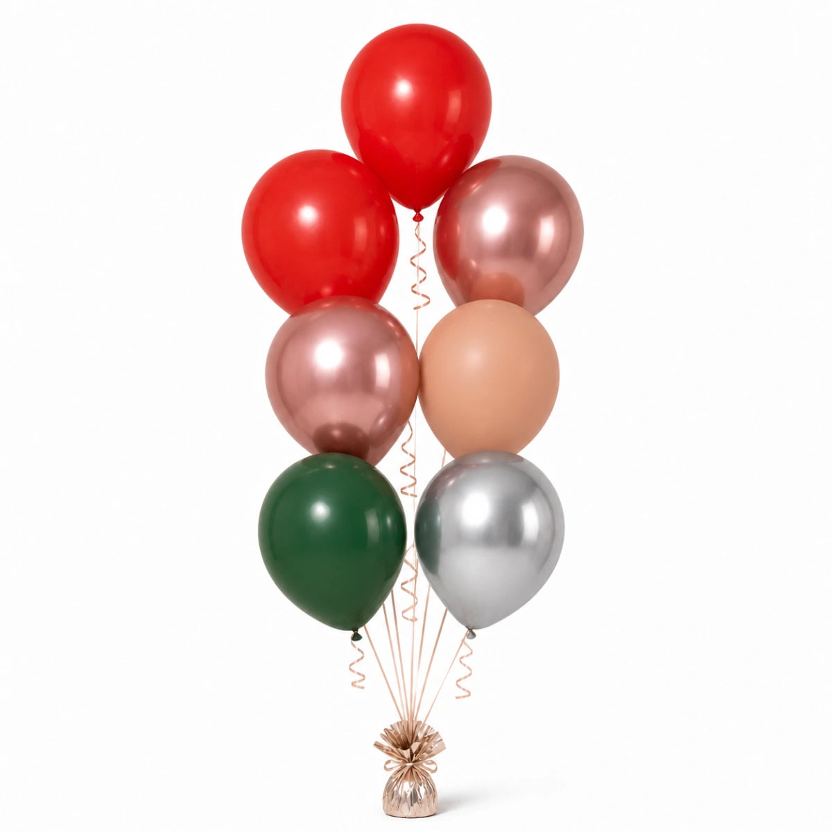 Red, Rose Gold, Nude, Forest Green & Silver Balloon Bunch - photorealistic coordinated seven-balloon bunch