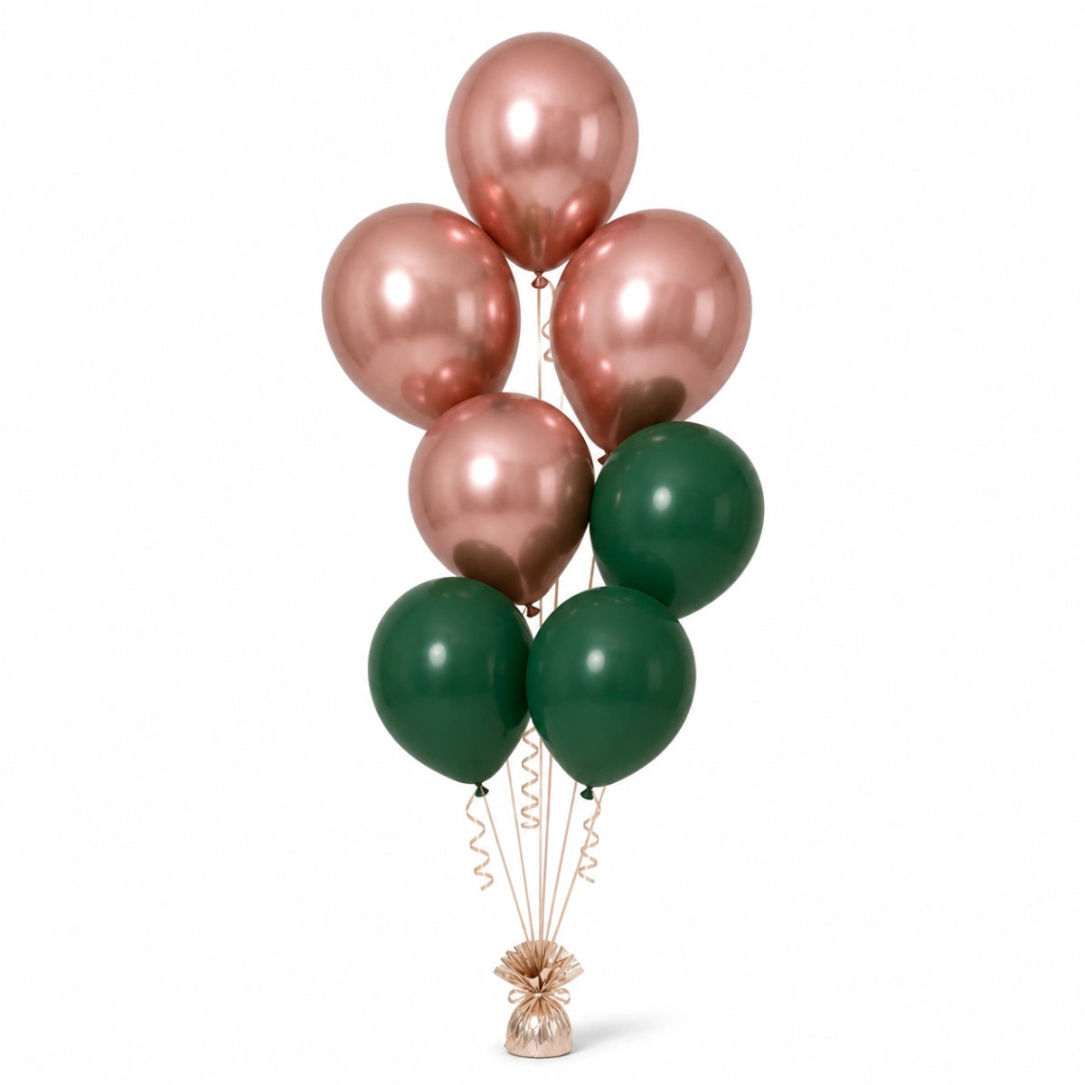 Rose Gold & Forest Green Balloon Bunch (4/3 mix) - photorealistic coordinated seven-balloon bunch