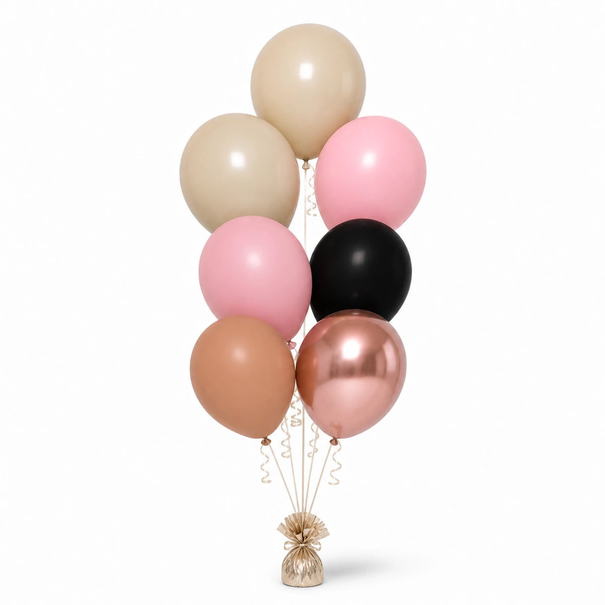 Warm Sand, Blush Pink, Black, Nude & Rose Gold Balloon Bunch - photorealistic coordinated seven-balloon bunch
