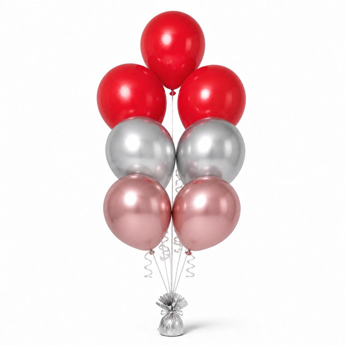 Red, Silver & Rose Gold Balloon Bunch - photorealistic coordinated seven-balloon bunch