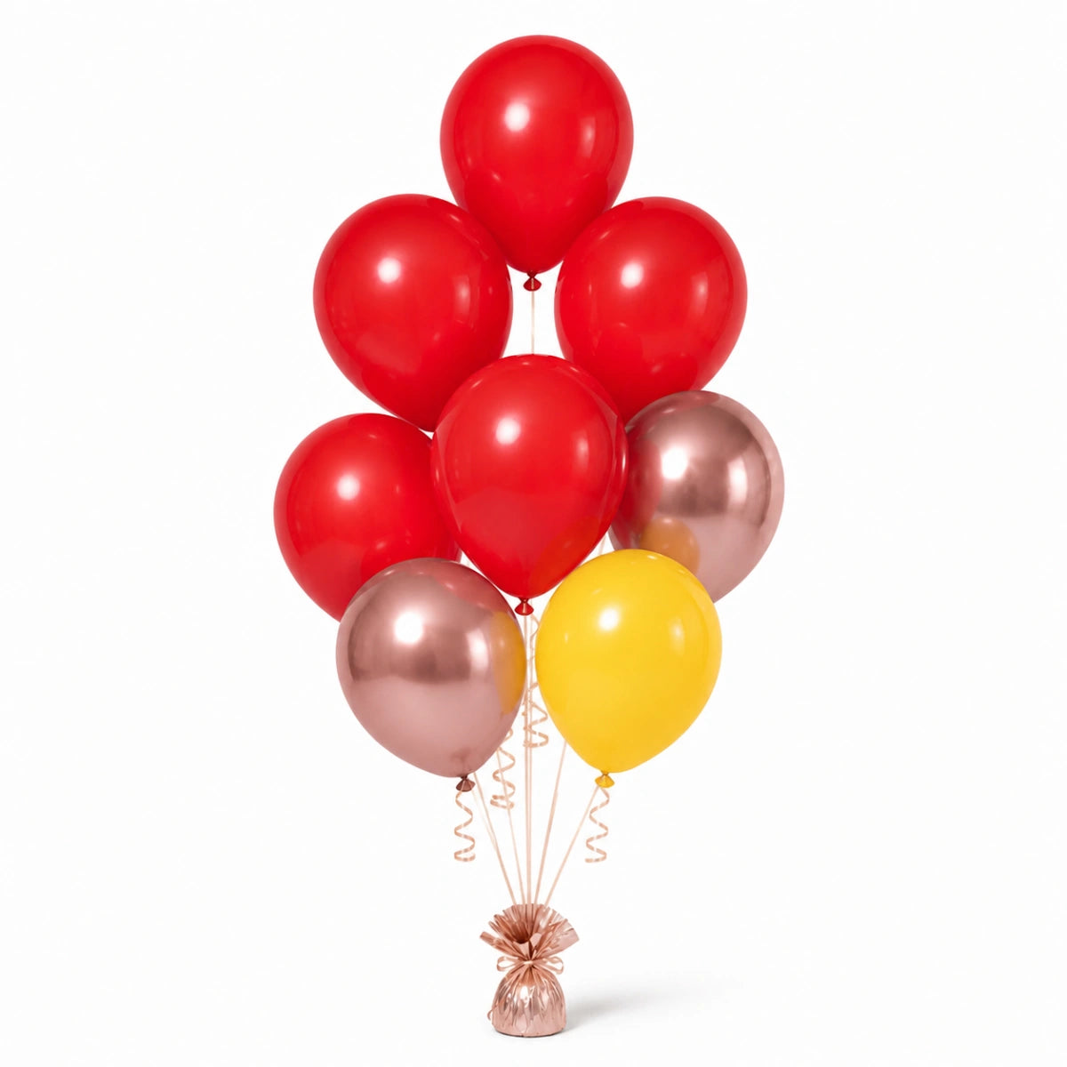 Red, Rose Gold & Yellow Balloon Bunch - photorealistic coordinated seven-balloon bunch