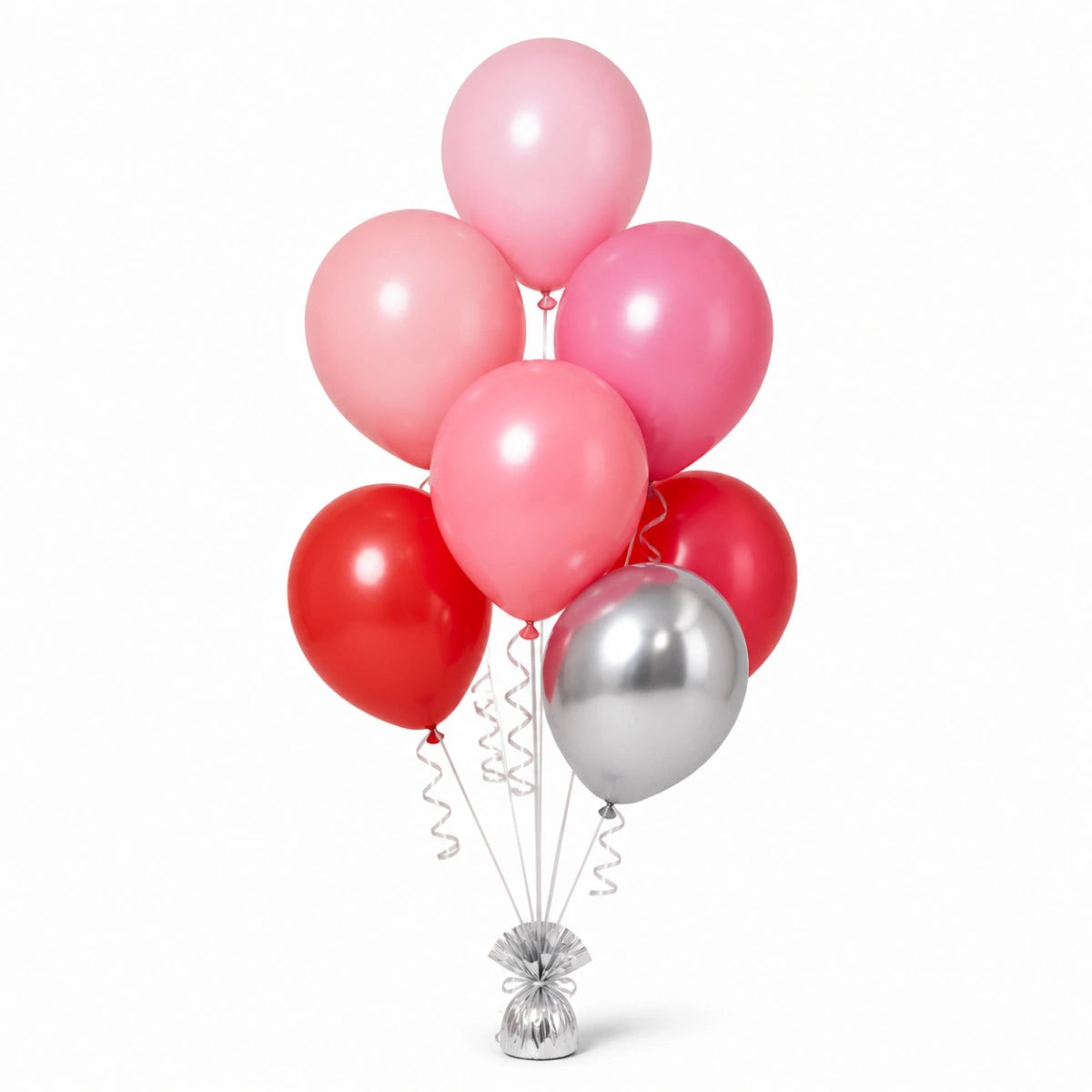 Blush Pink, Pink, Red & Silver Balloon Bunch - photorealistic coordinated seven-balloon bunch