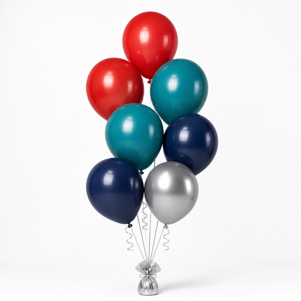 Red, Deep Teal, Navy & Silver Balloon Bunch - photorealistic coordinated seven-balloon bunch