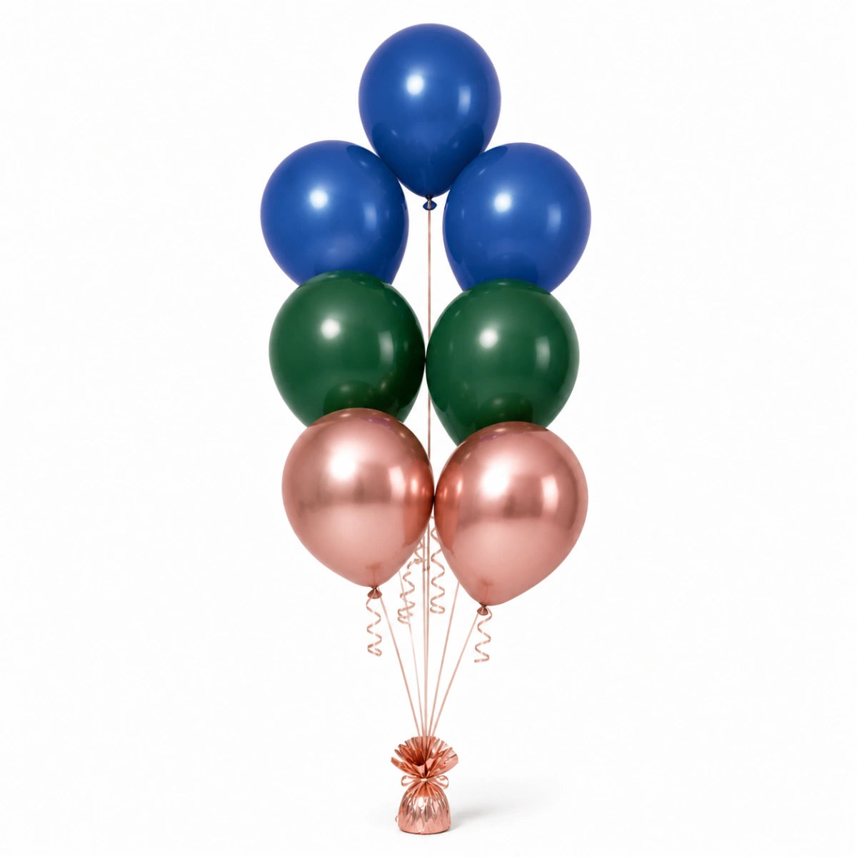 Royal Blue, Forest Green & Rose Gold Balloon Bunch - photorealistic coordinated seven-balloon bunch