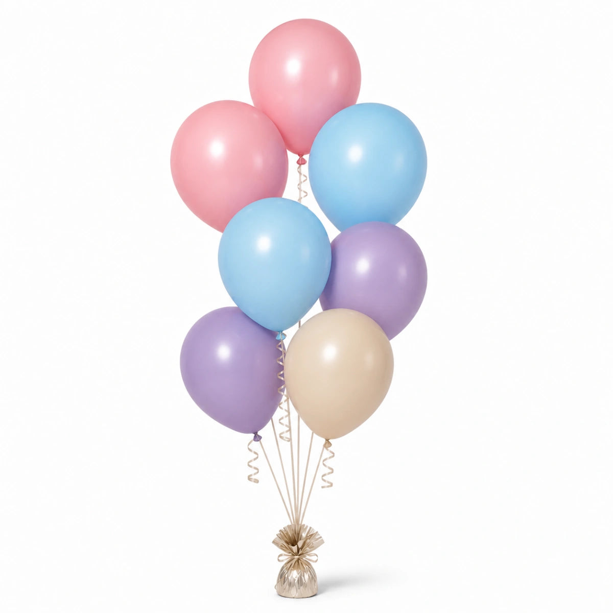 Blush Pink, Pastel Blue, Lavender & Warm Sand Balloon Bunch - photorealistic coordinated seven-balloon bunch