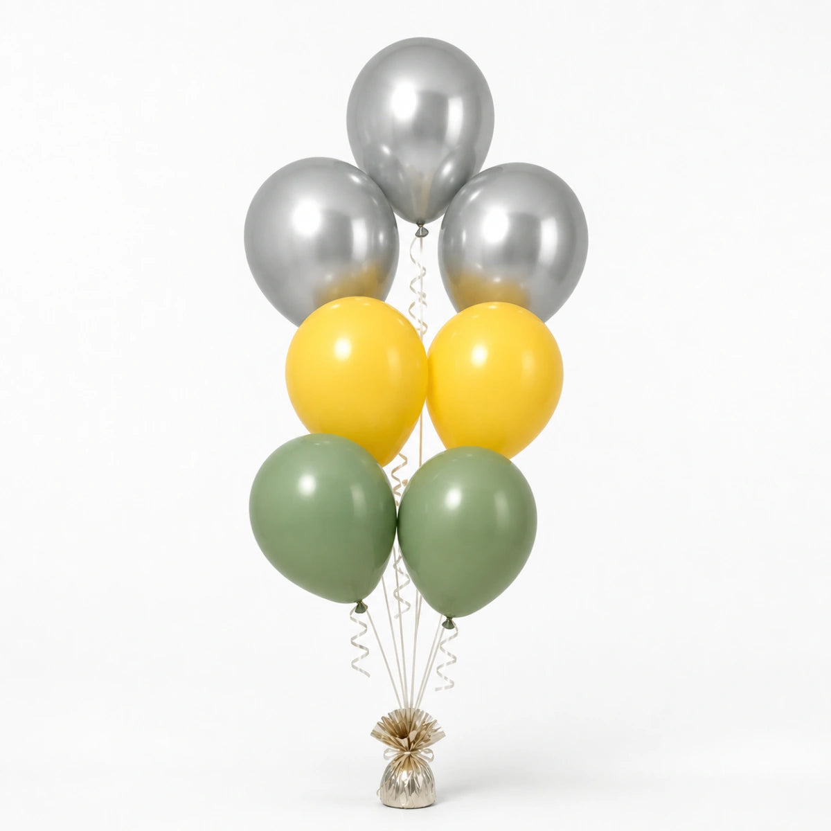 Silver, Yellow & Eucalyptus Balloon Bunch - photorealistic coordinated seven-balloon bunch