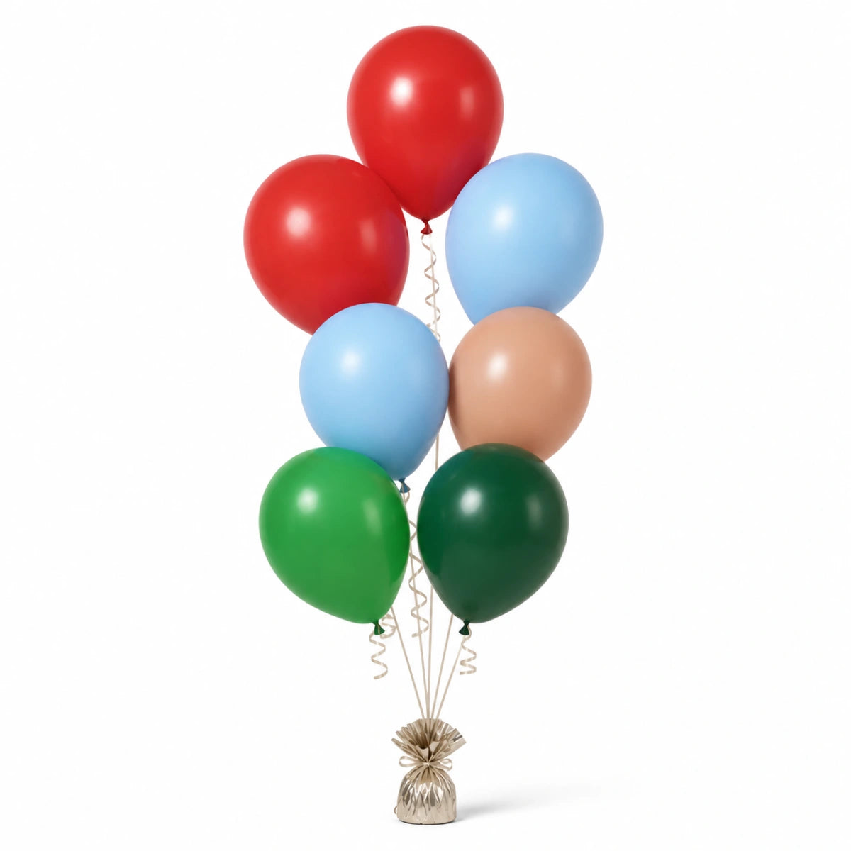 Red, Pastel Blue, Nude, Shamrock Green & Forest Green Balloon Bunch - photorealistic coordinated seven-balloon bunch