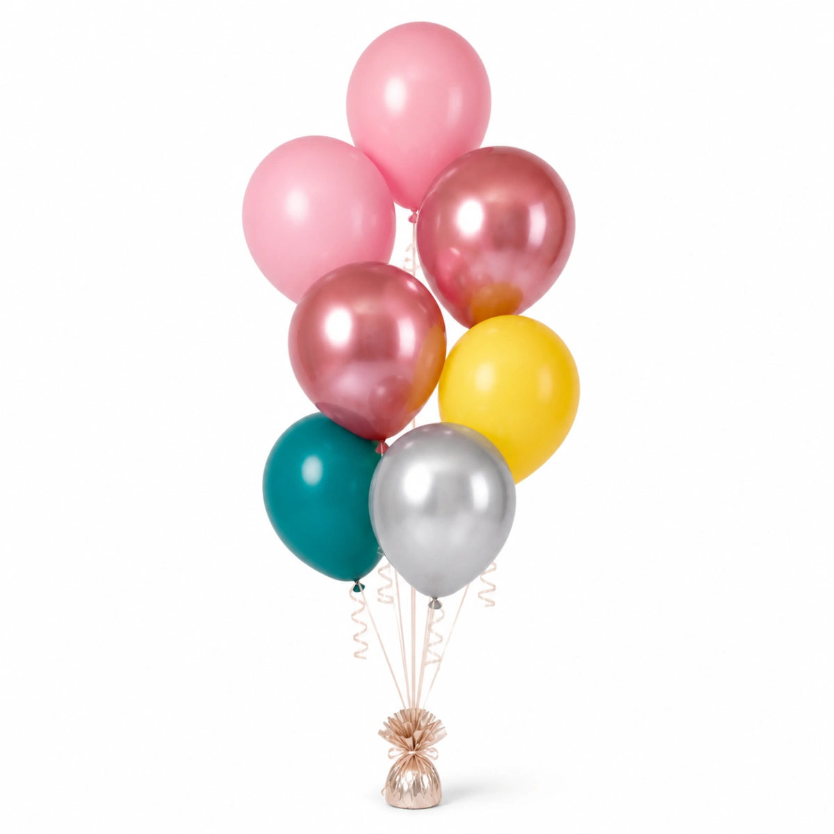 Blush Pink, Rose Gold, Yellow, Deep Teal & Silver Balloon Bunch - photorealistic coordinated seven-balloon bunch