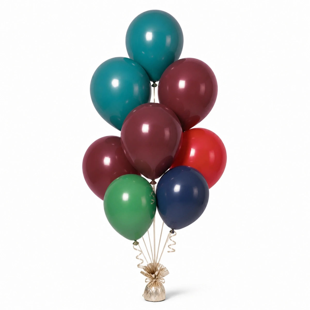 Deep Teal, Merlot, Red, Shamrock Green & Navy Balloon Bunch - photorealistic coordinated seven-balloon bunch