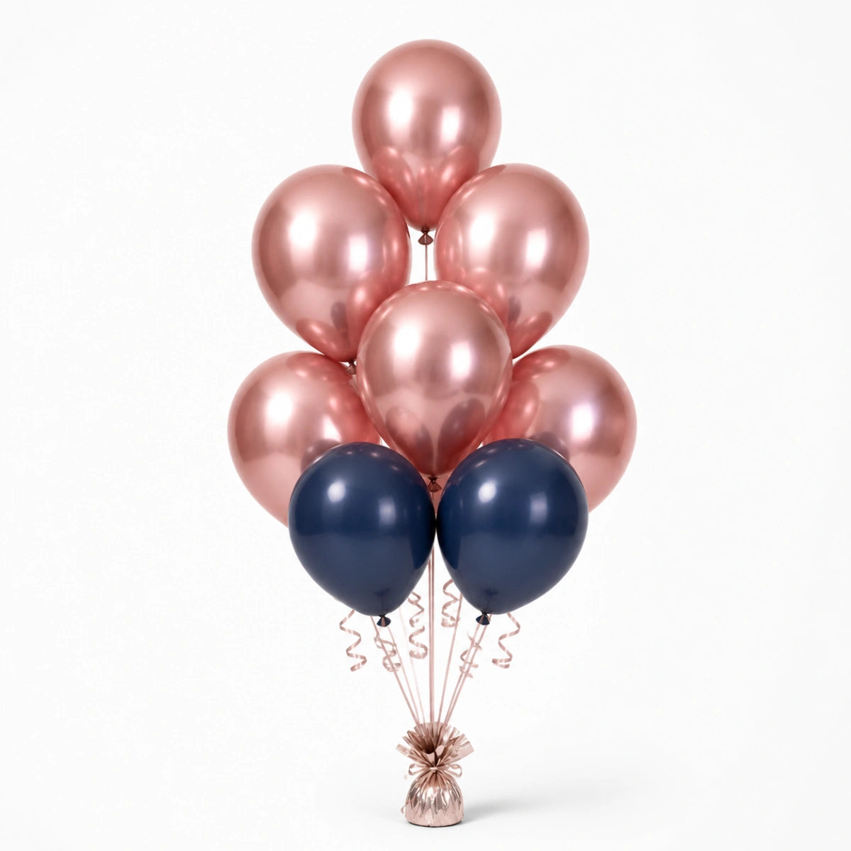 Rose Gold & Navy Balloon Bunch - photorealistic coordinated seven-balloon bunch