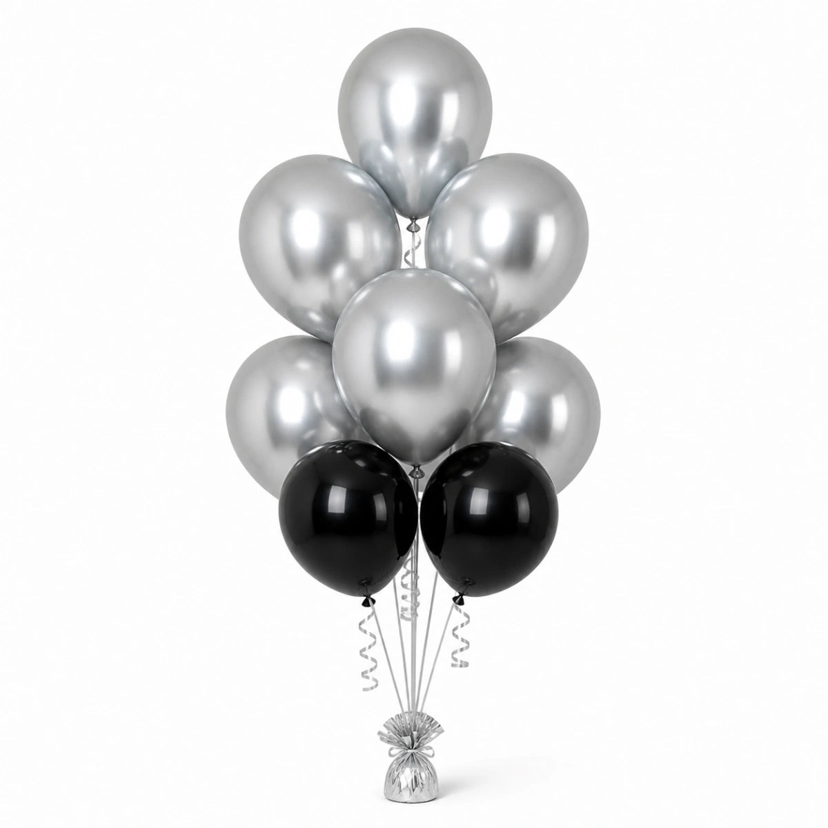 Silver & Black Balloon Bunch (5/2 mix) - photorealistic coordinated seven-balloon bunch