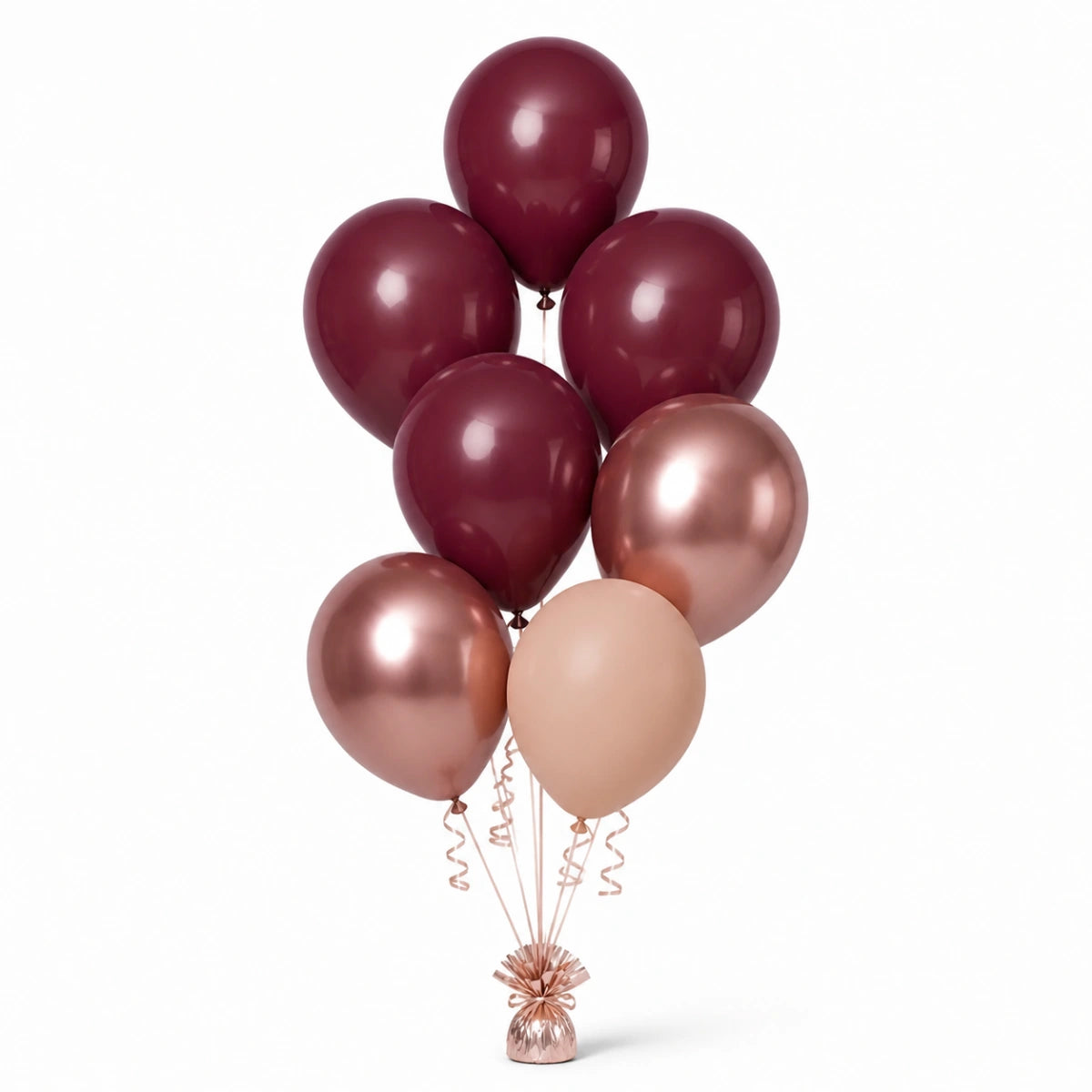 Merlot, Rose Gold & Nude Balloon Bunch - photorealistic coordinated seven-balloon bunch