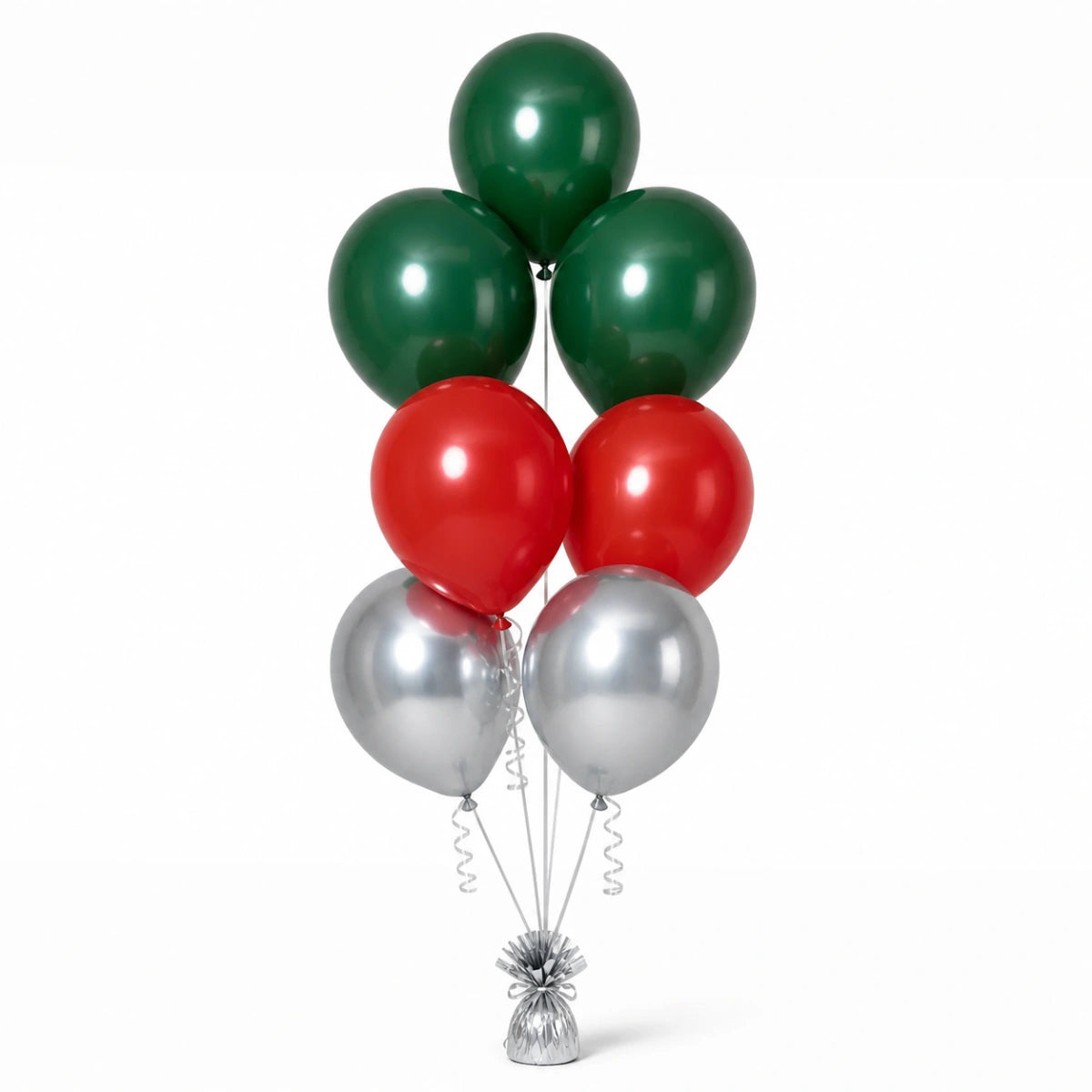 Forest Green, Red & Silver Balloon Bunch - photorealistic coordinated seven-balloon bunch